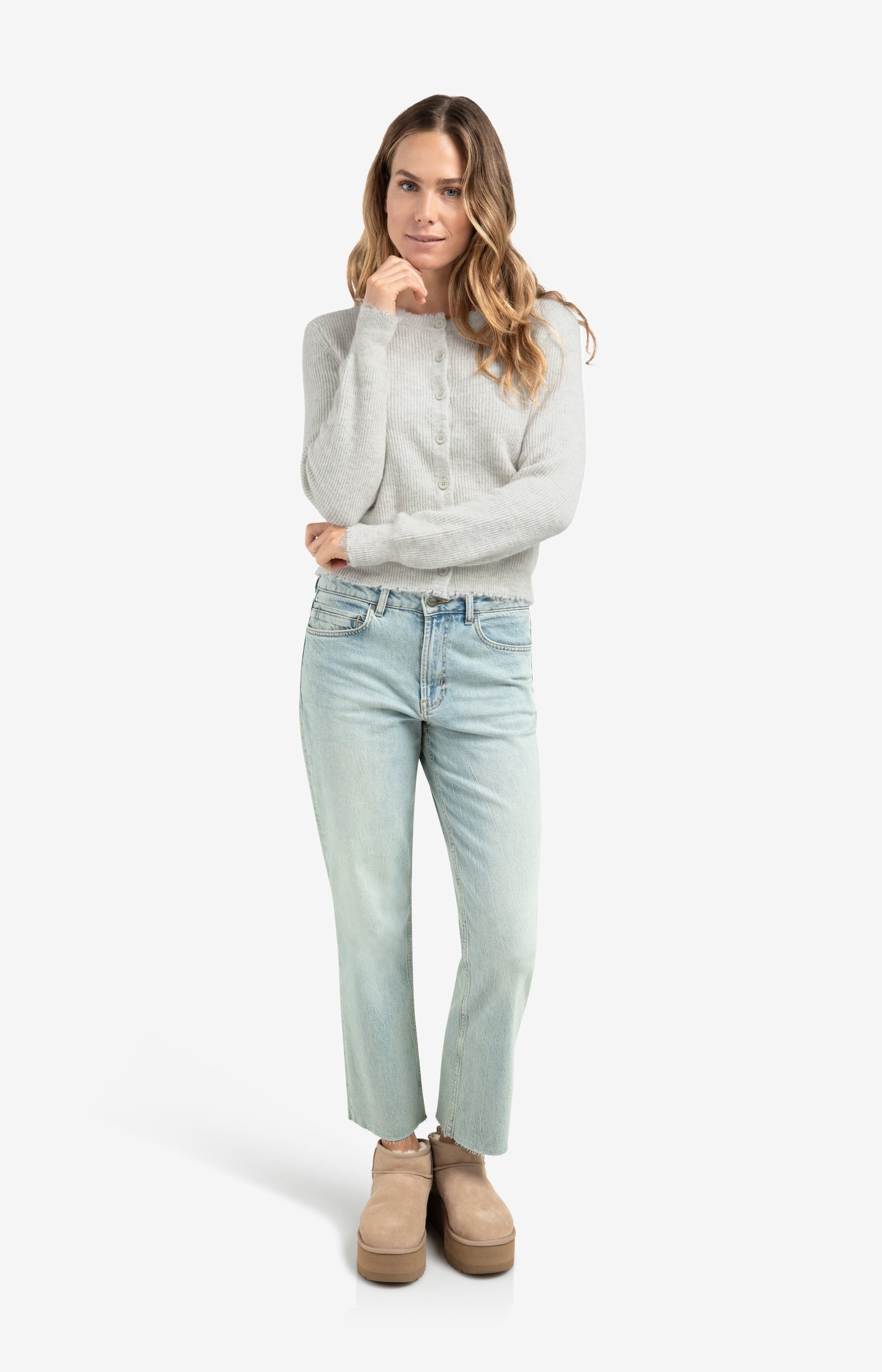 Short melange cardigan with refined trim details