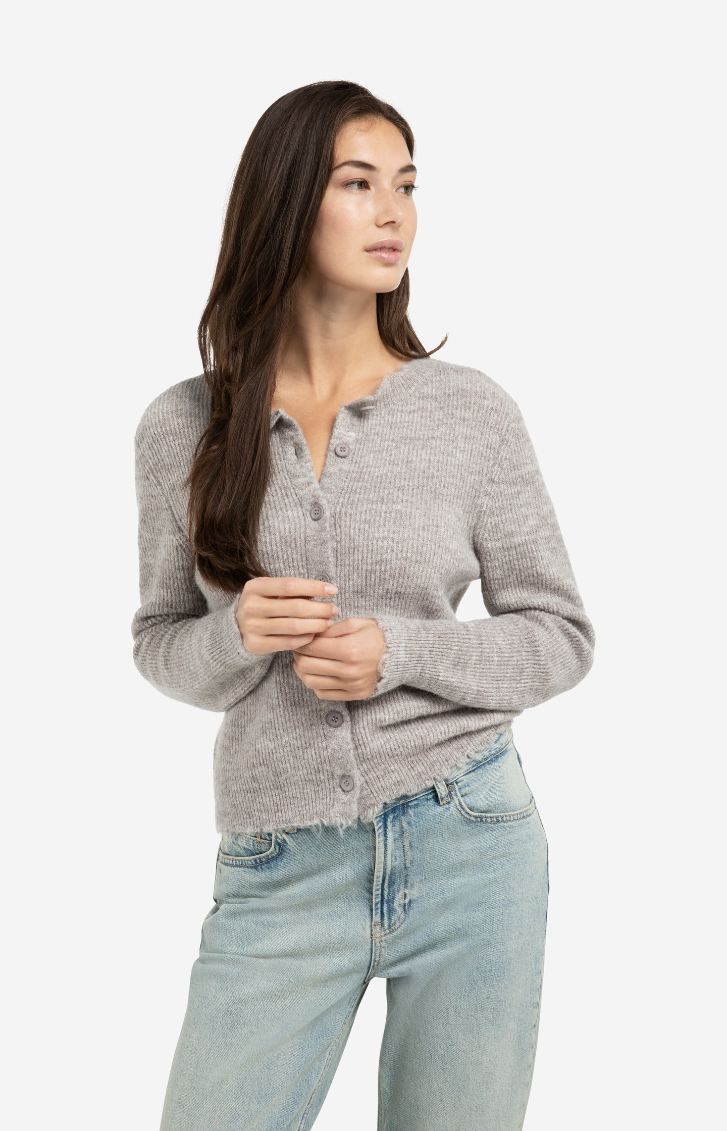 Short melange cardigan with refined trim details
