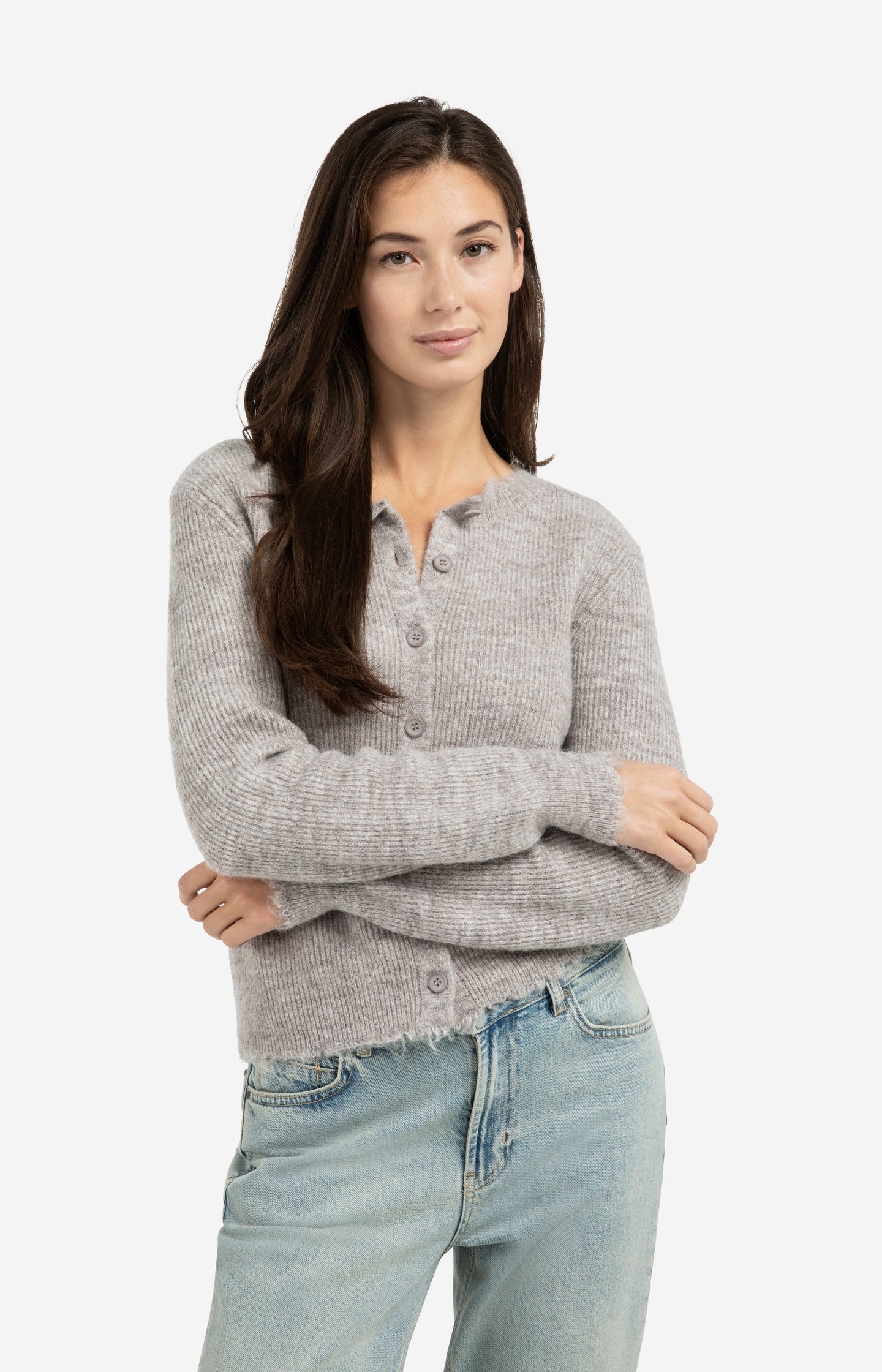 Short melange cardigan with refined trim details