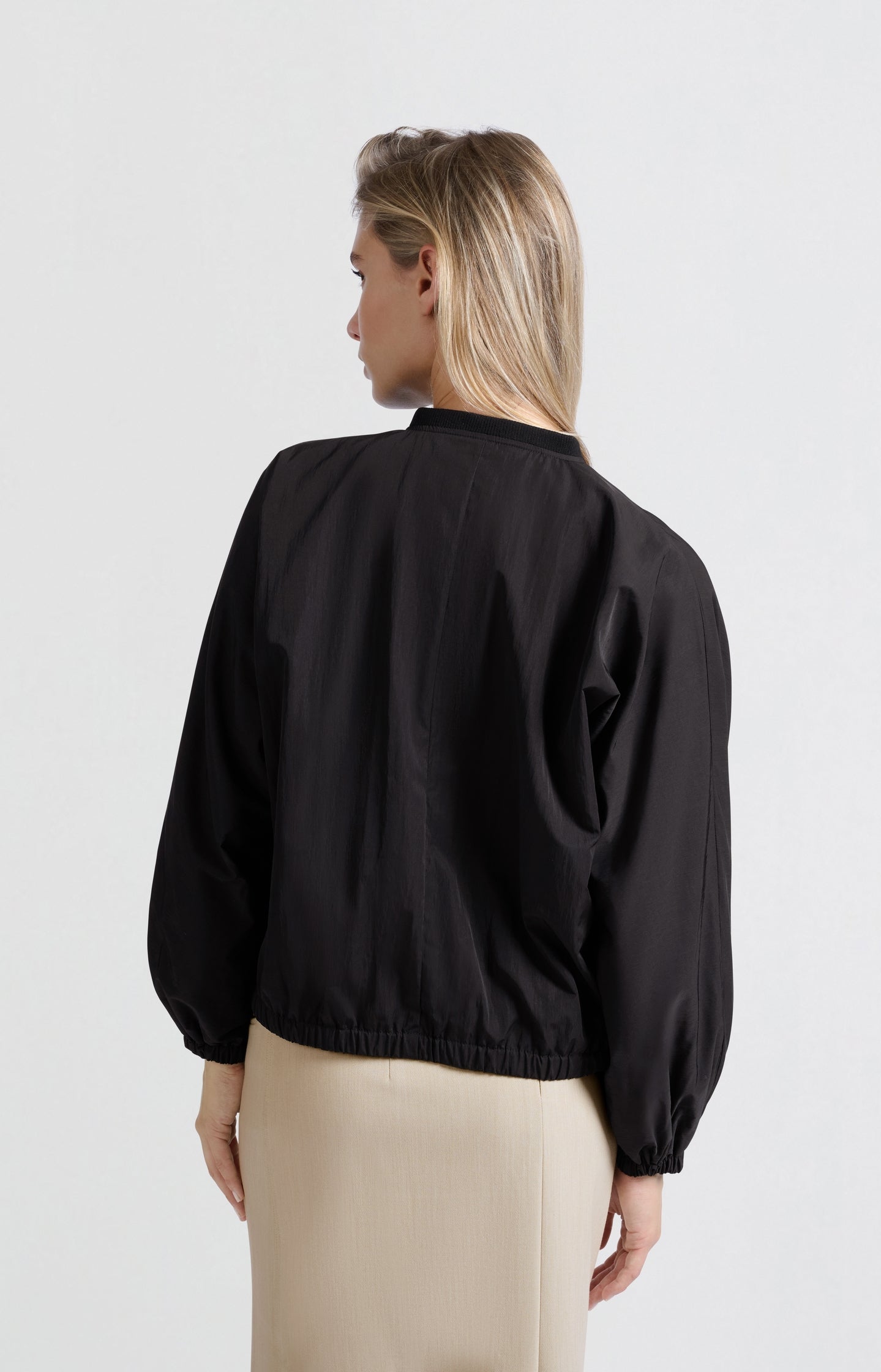 Short nylon bomber jacket with oversized fit