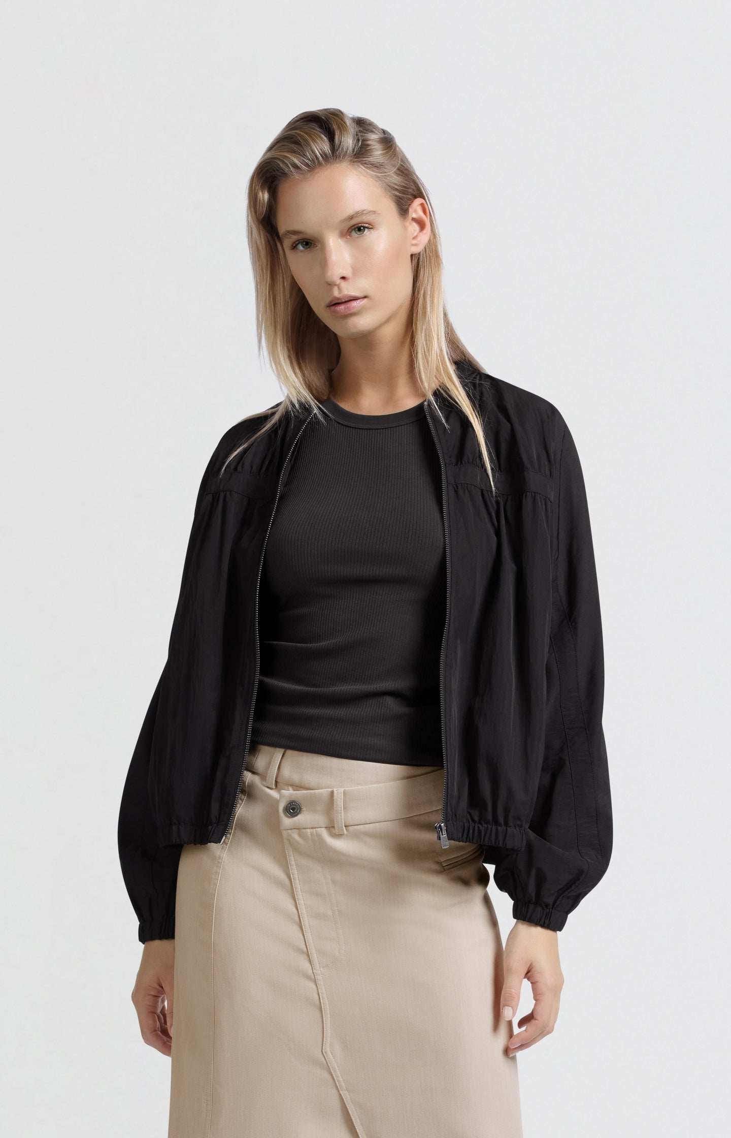 Short nylon bomber jacket with oversized fit