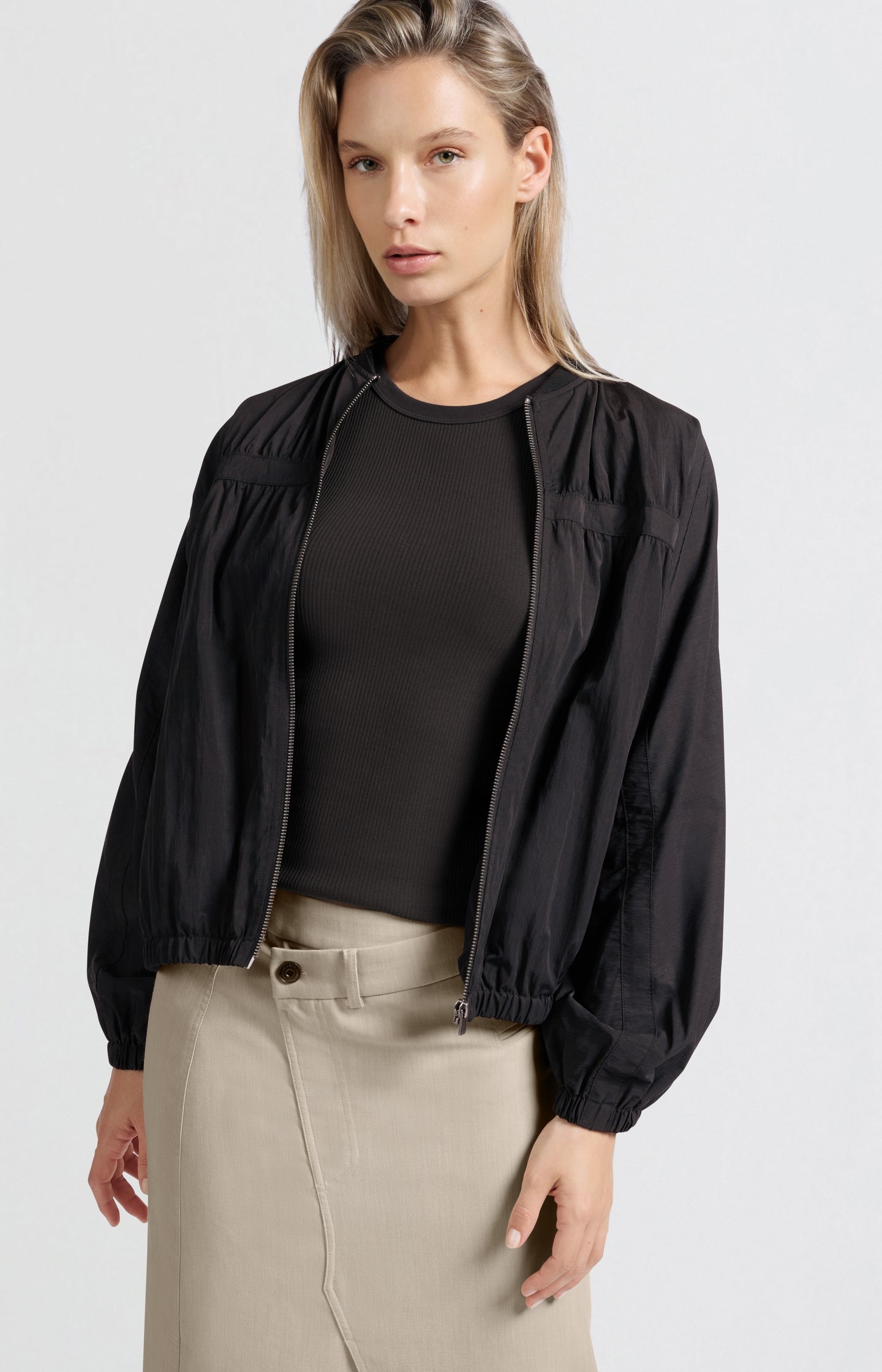 Short nylon bomber jacket with oversized fit