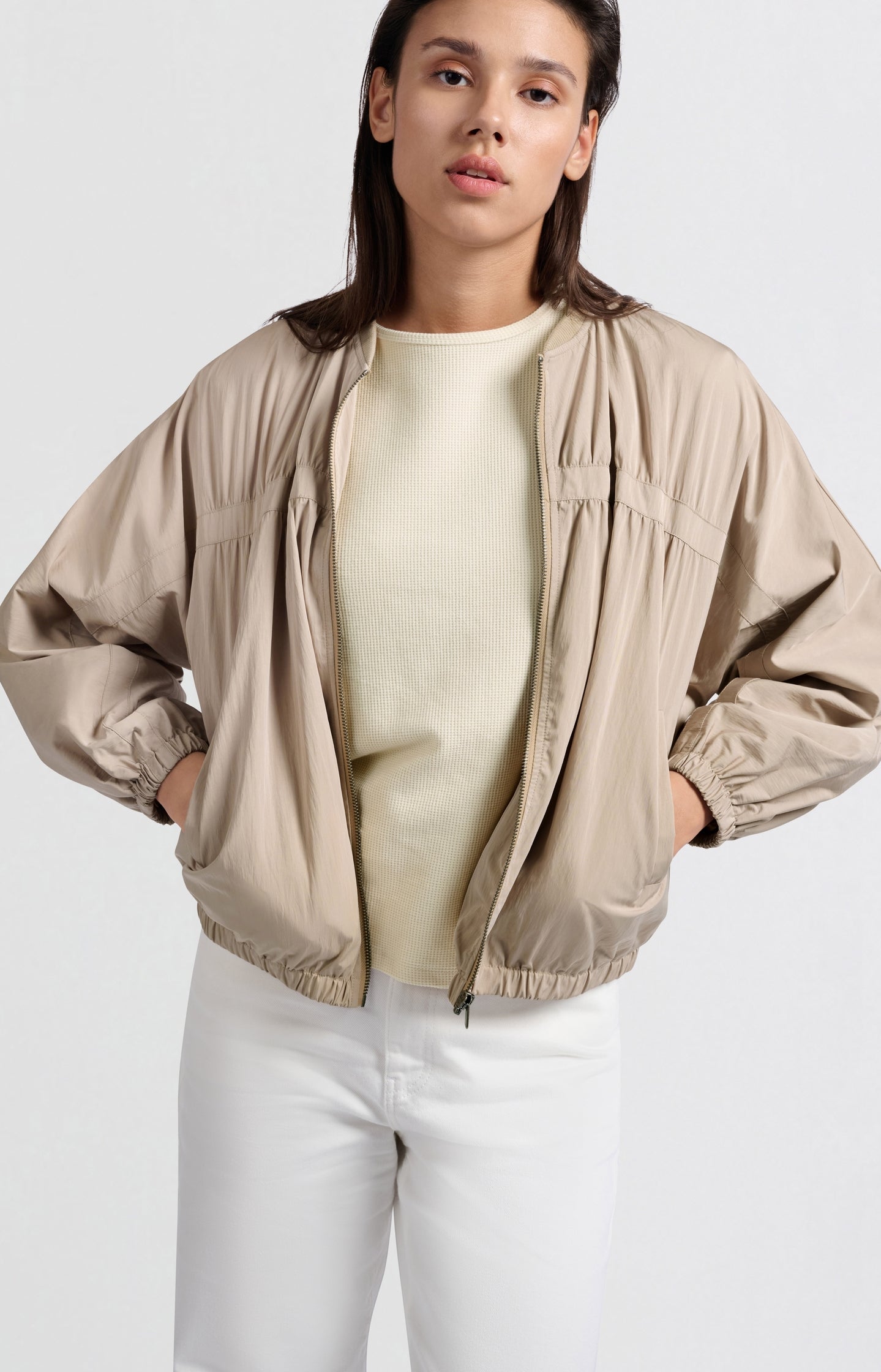 Short nylon bomber jacket with oversized fit