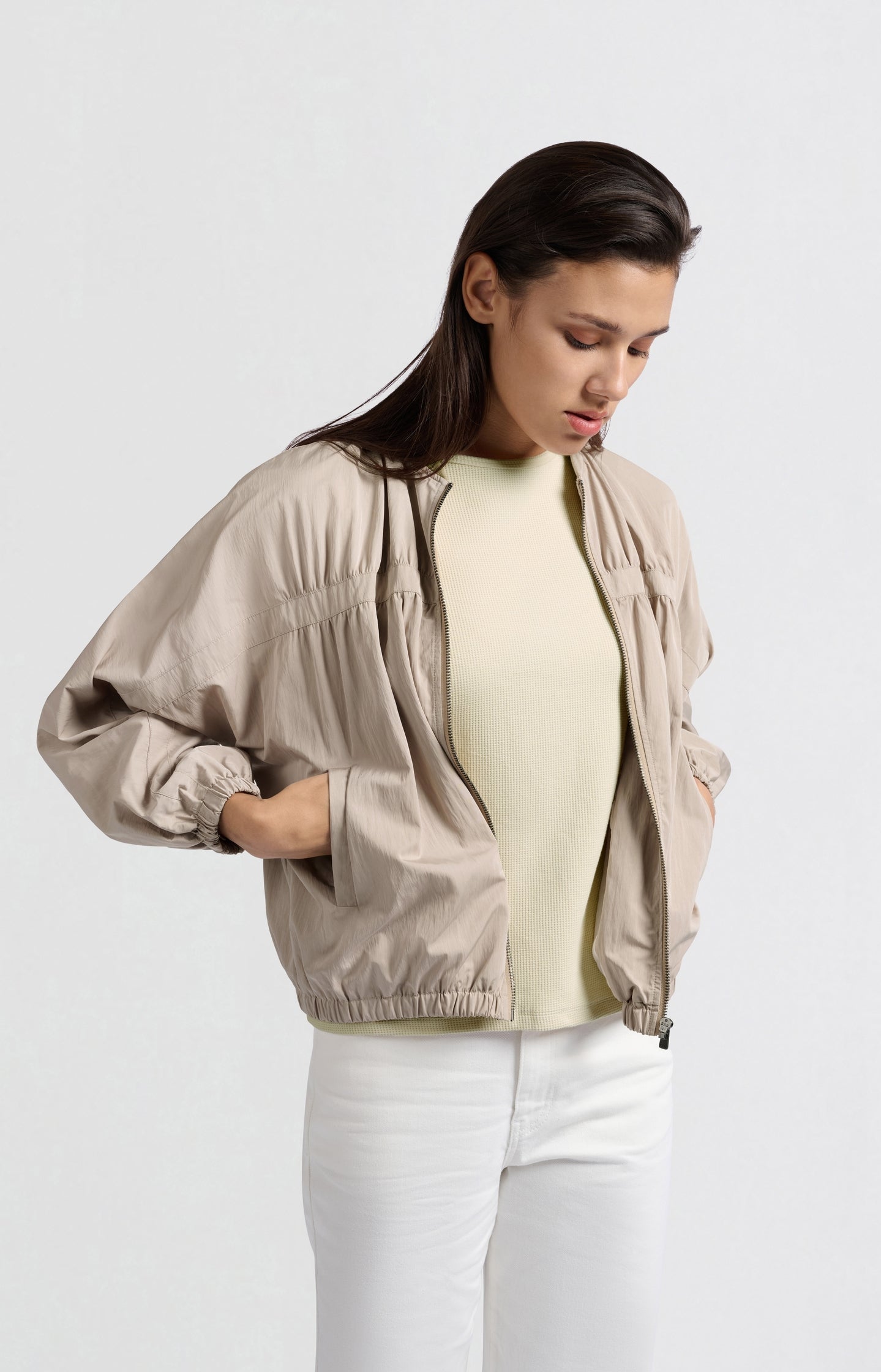 Short nylon bomber jacket with oversized fit