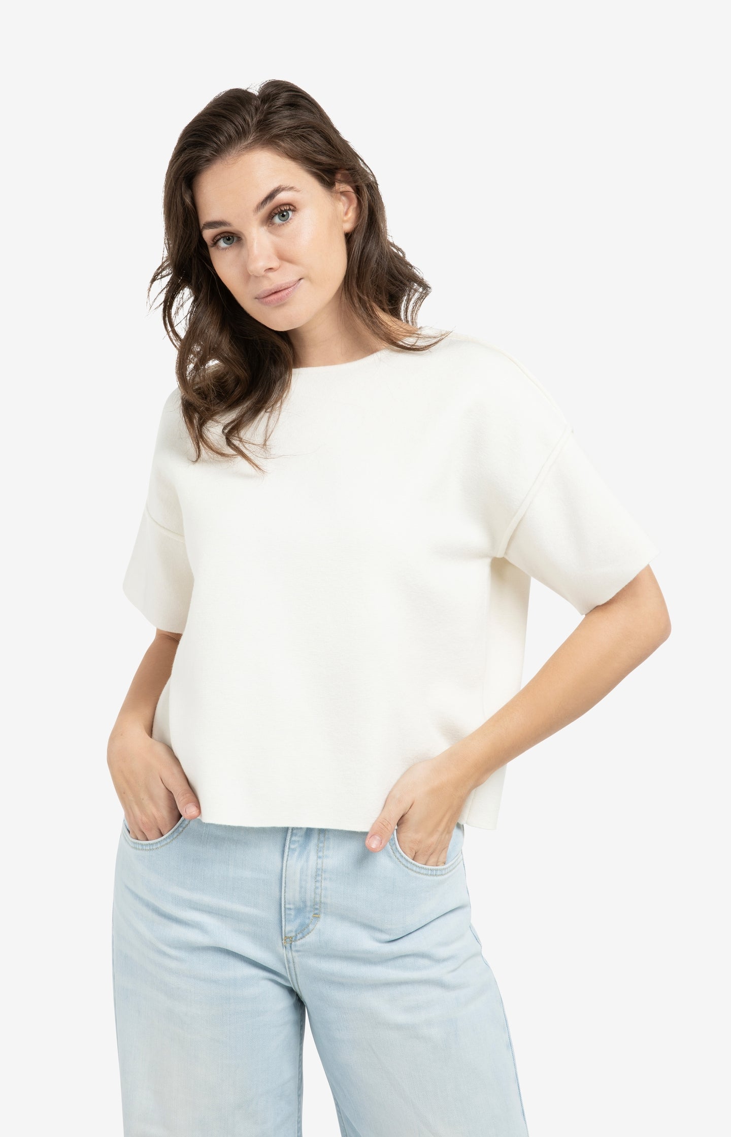 Short sleeve sweater with seam details