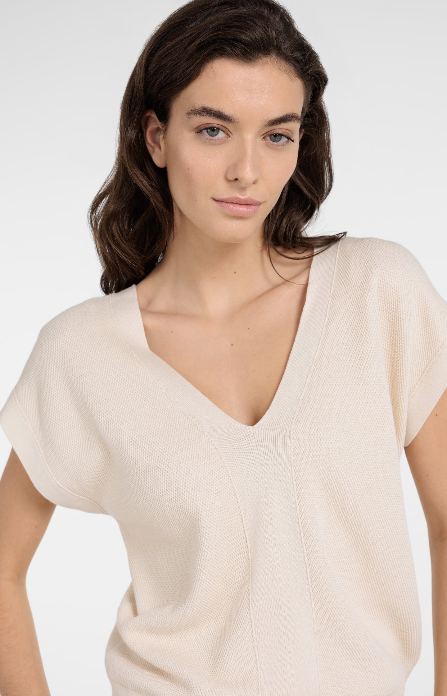 Short-sleeved sweater with double V-neck