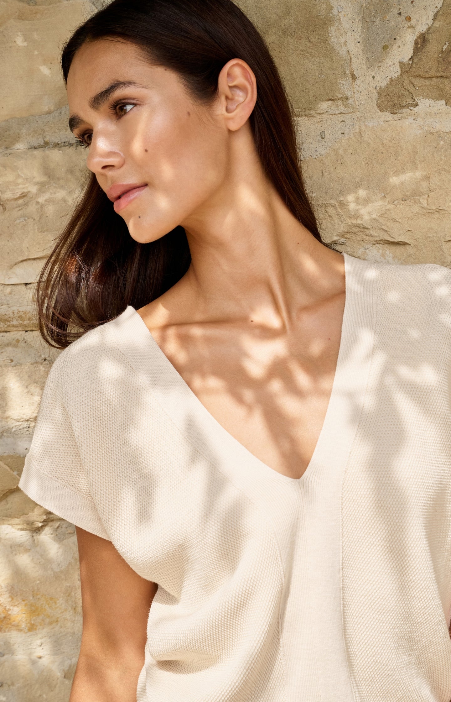 Short-sleeved sweater with double V-neck