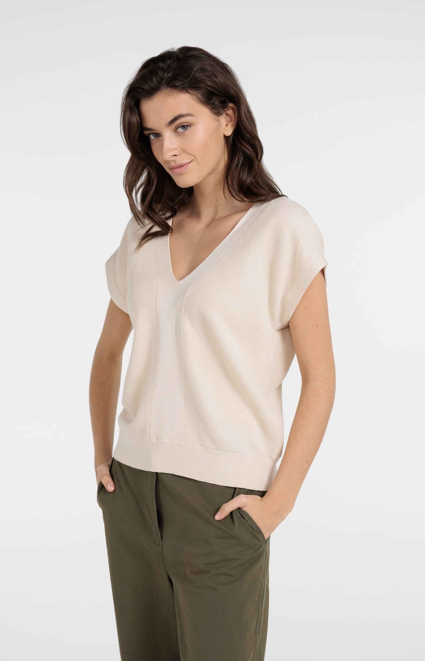 Short-sleeved sweater with double V-neck