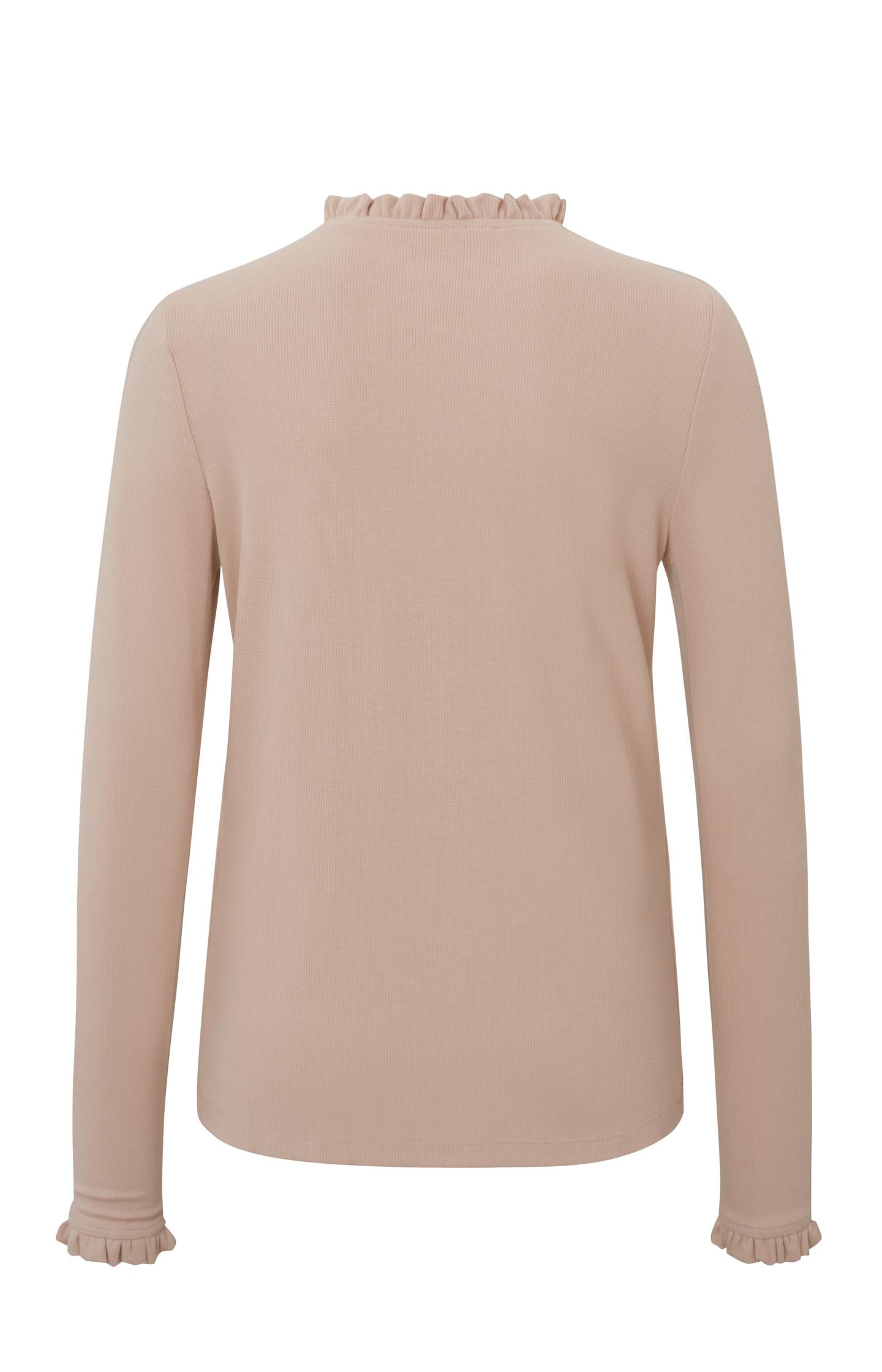 Simplistic top with ruffled crewneck and long, ruffled sleev