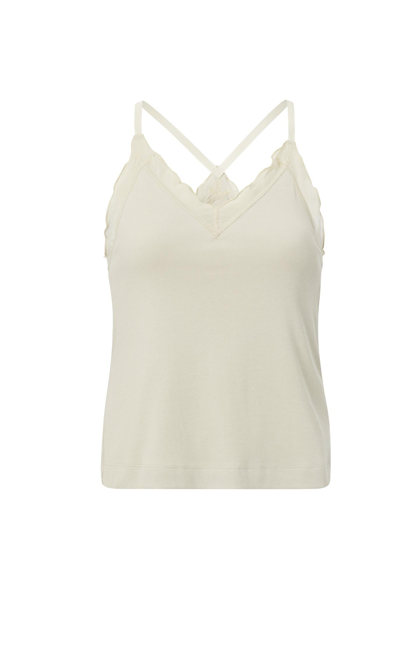 Singlet with woven details, V-neck, ruffles and cross straps - Type: product