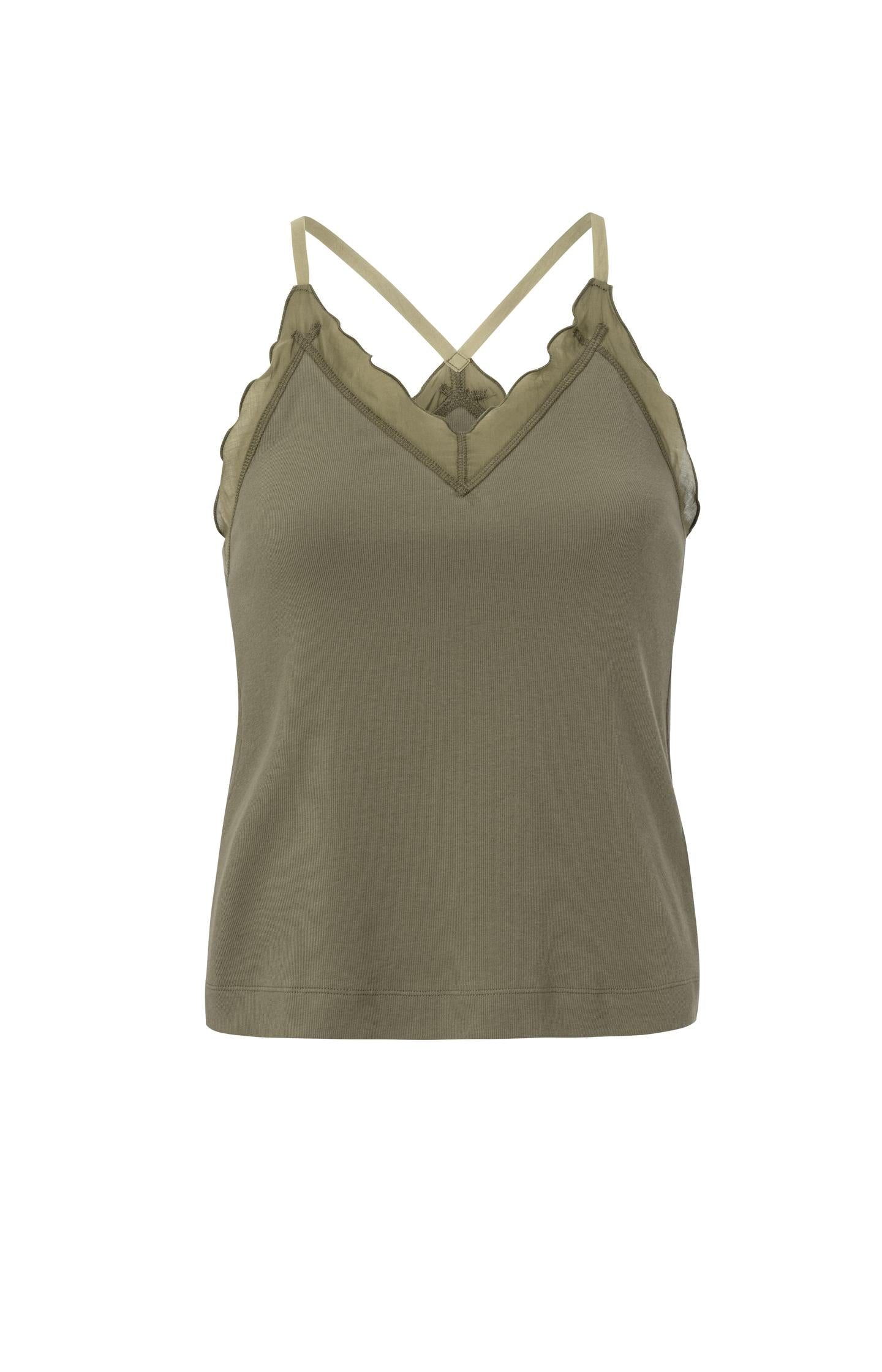 Singlet with woven details, V-neck, ruffles and cross straps - Type: product