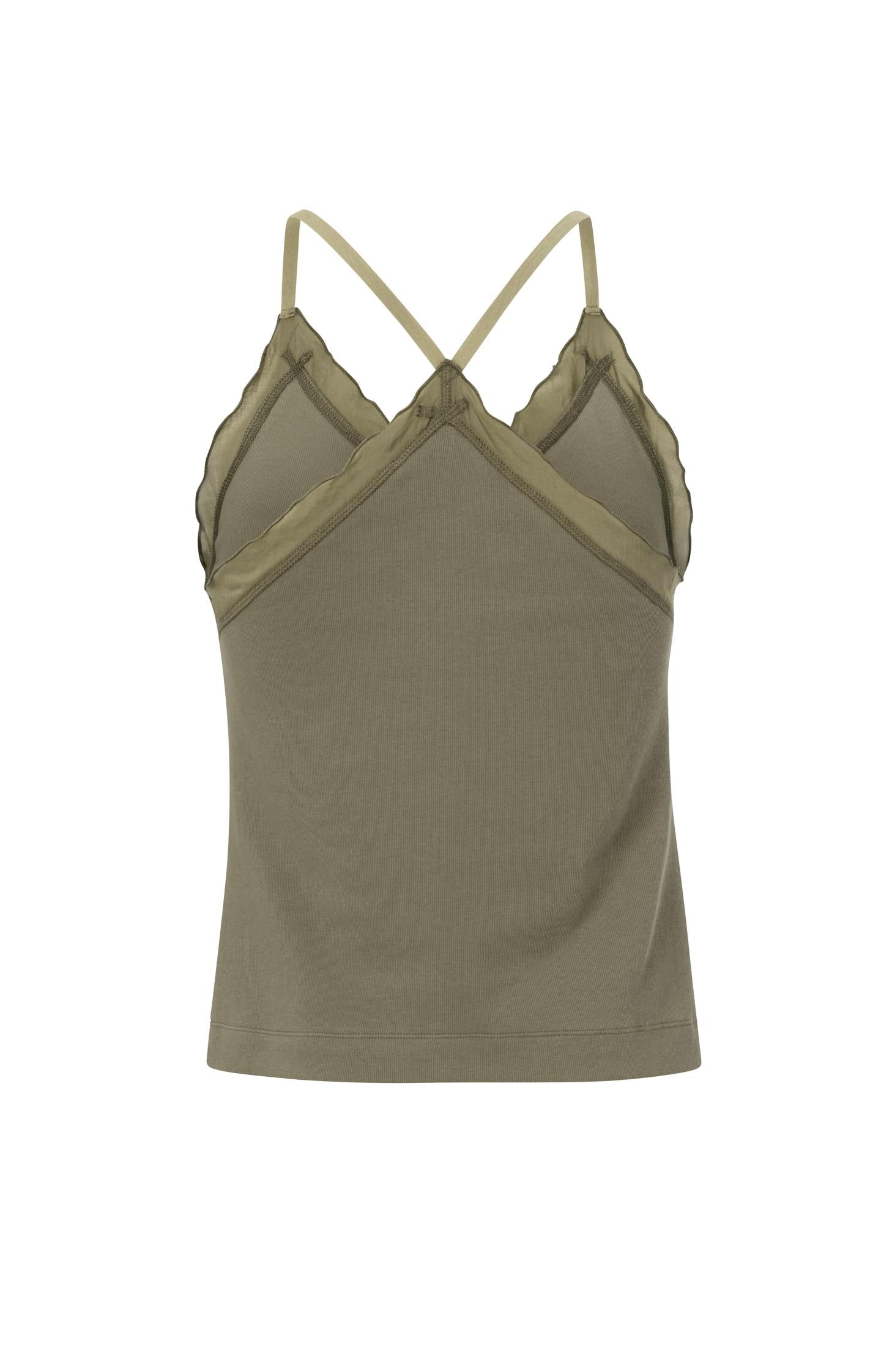 Singlet with woven details, V-neck, ruffles and cross straps