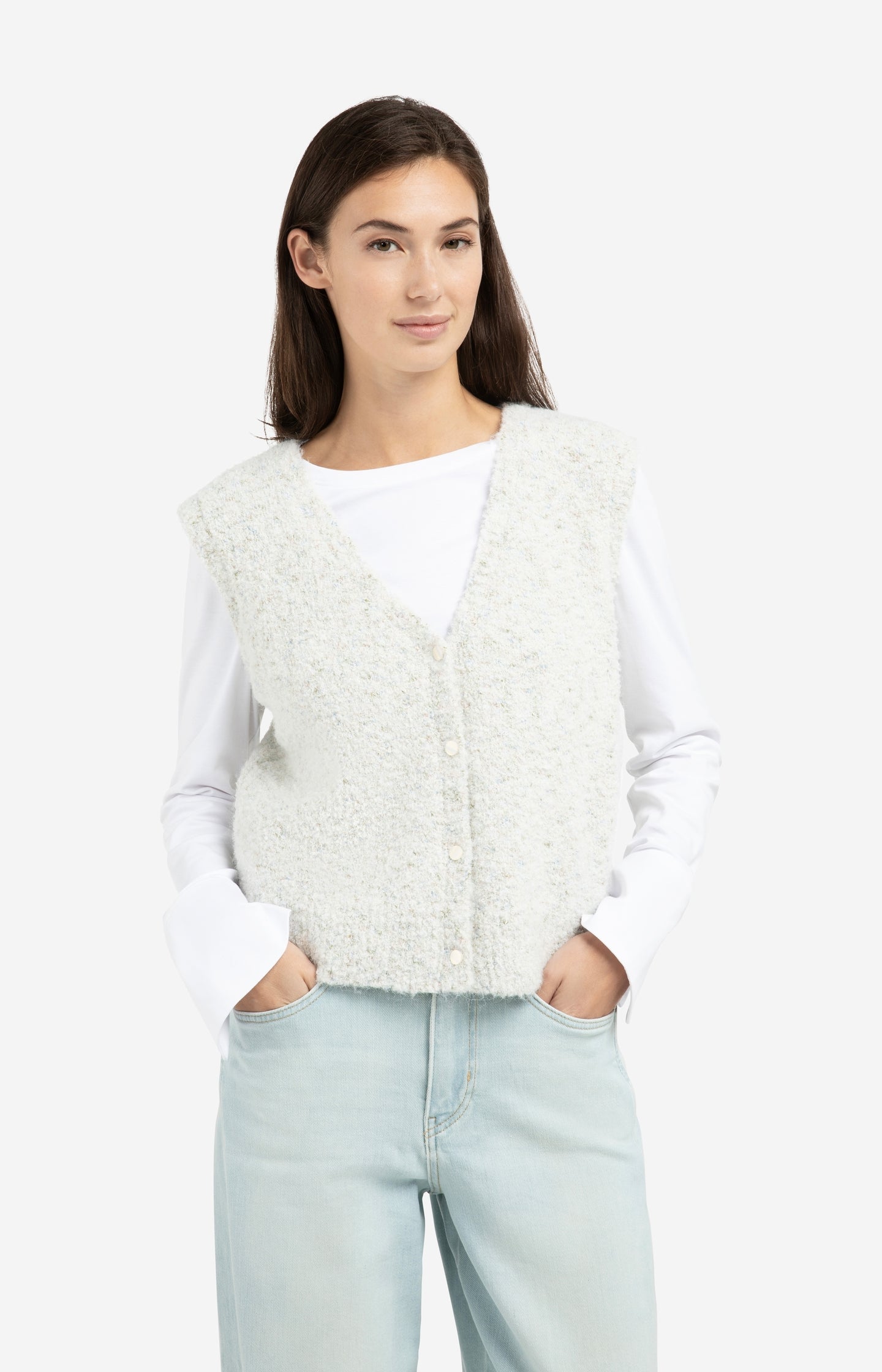 Sleeveless bouclé cardigan with buttons and color accents - Type: lookbook