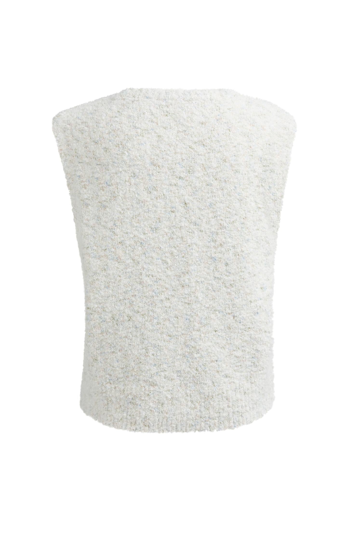 Sleeveless bouclé cardigan with buttons and color accents