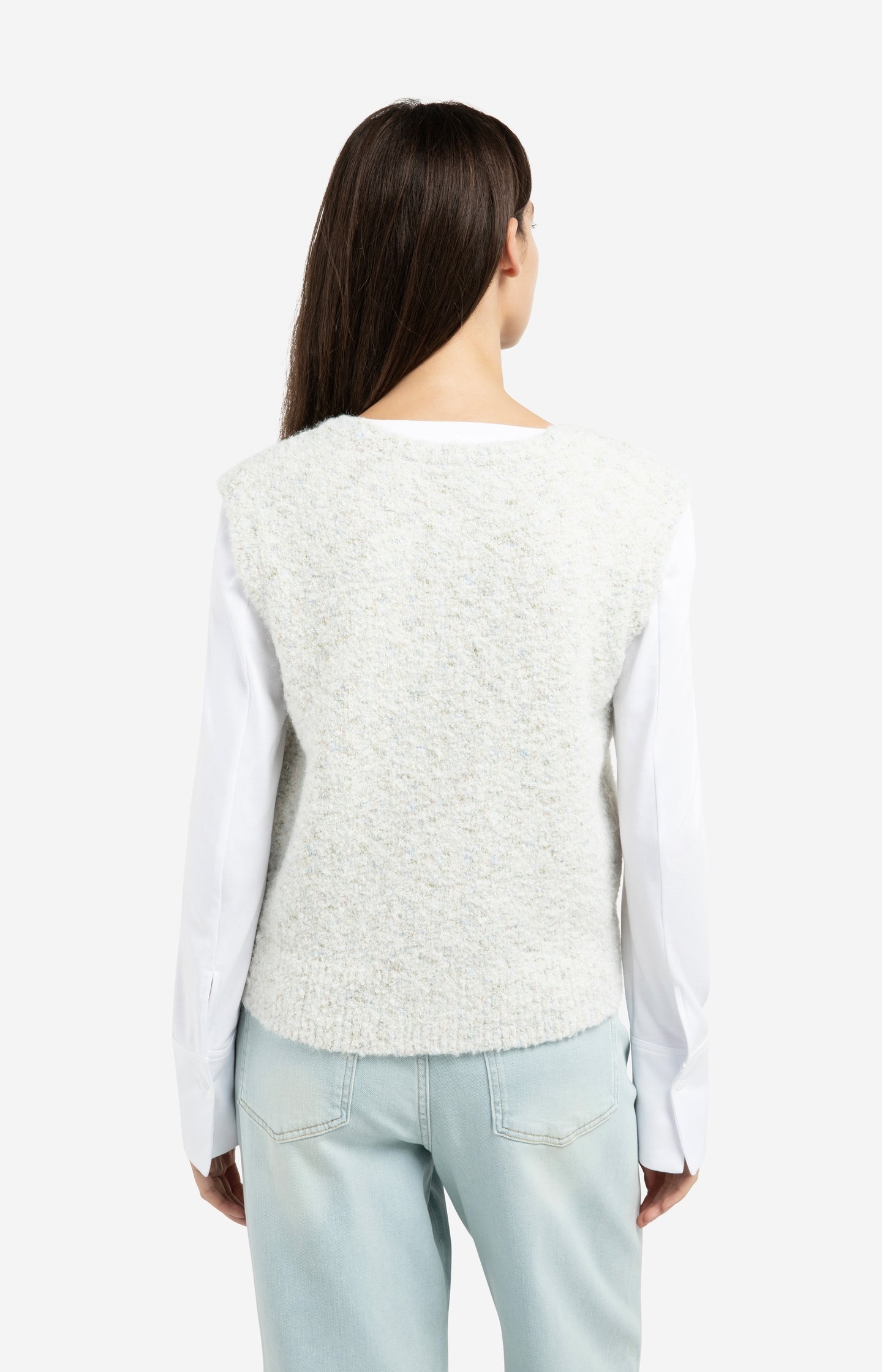 Sleeveless bouclé cardigan with buttons and color accents