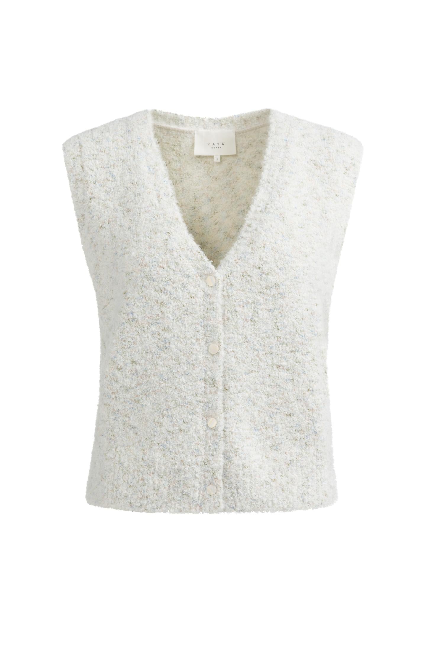 Sleeveless bouclé cardigan with buttons and color accents - Type: product