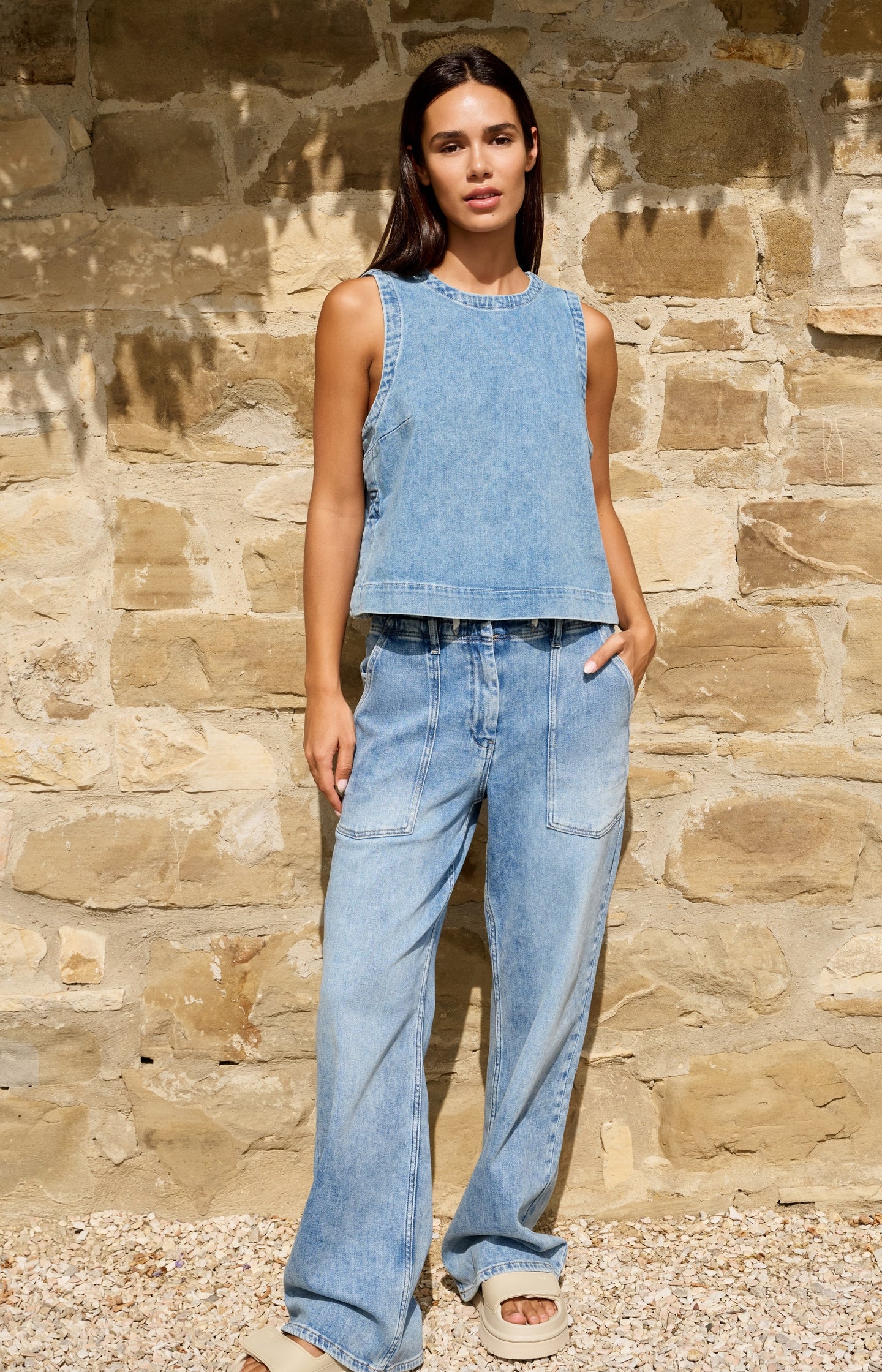 Sleeveless denim top with seam details