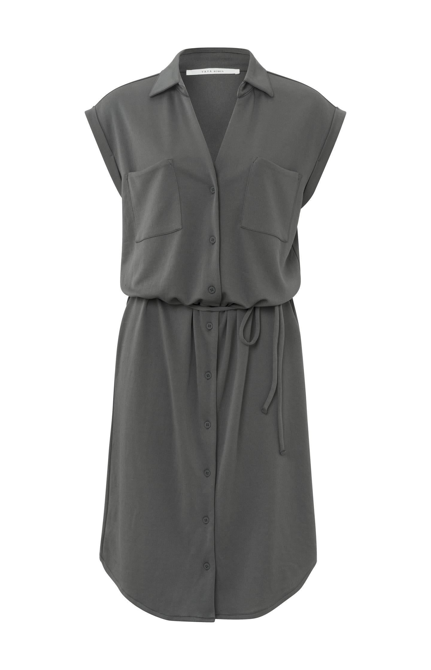 Sleeveless dress with buttons, pockets and waist cord