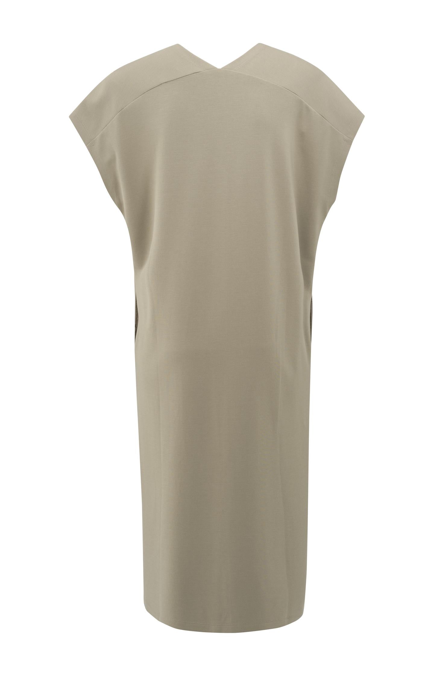 Sleeveless dress with double V-neck and front slit
