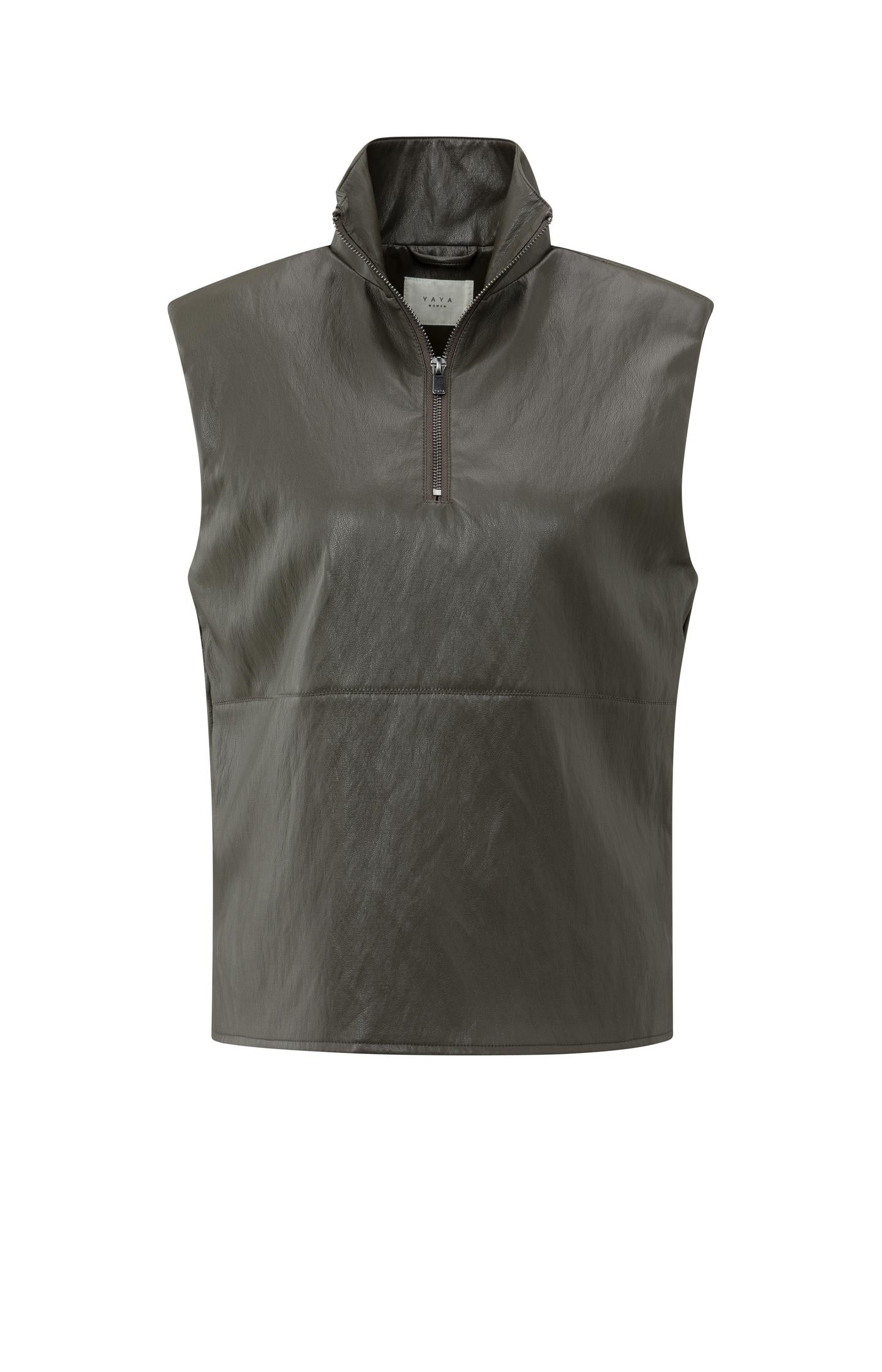 Sleeveless faux leather top with zip collar - Type: product