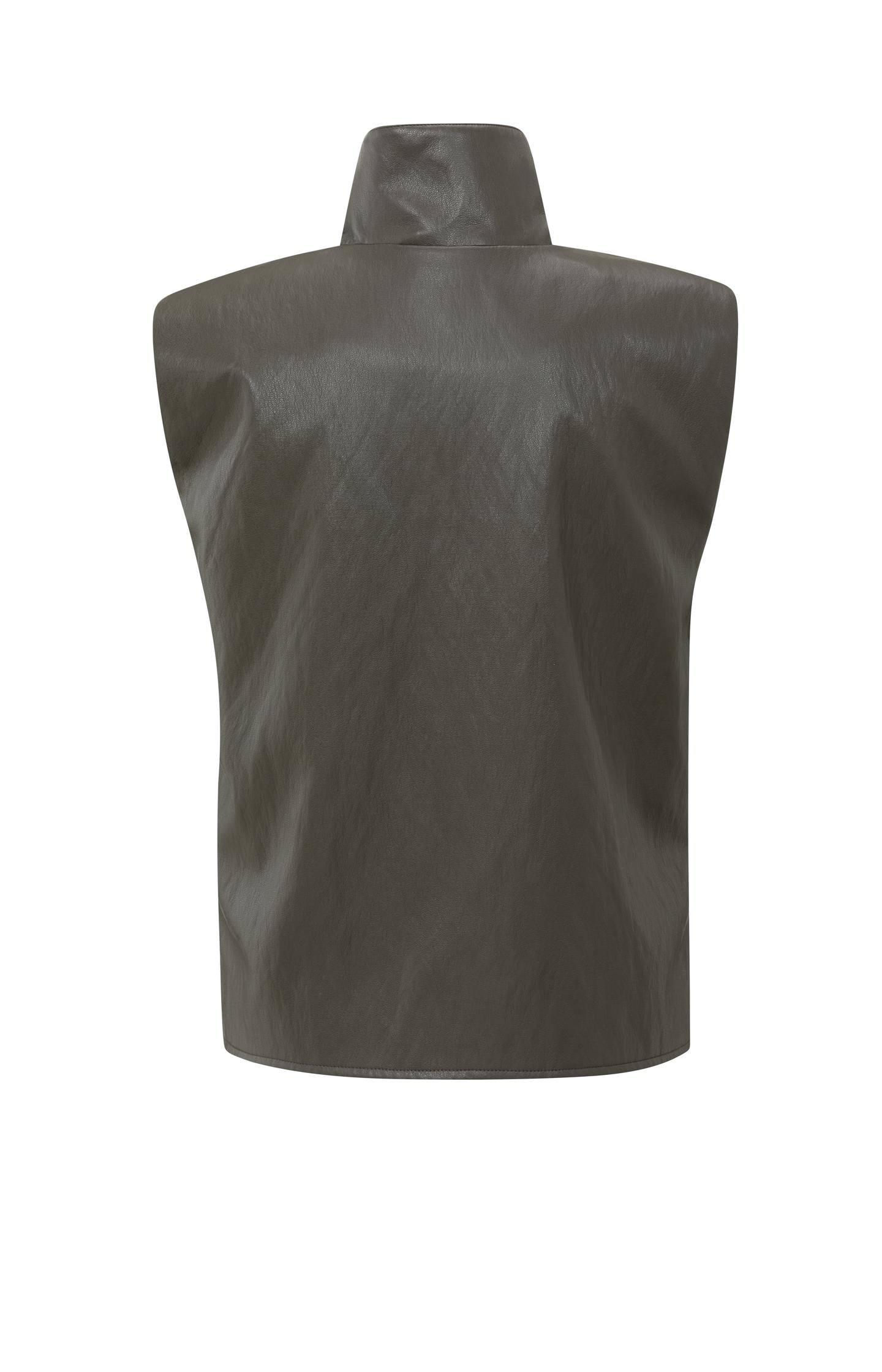 Sleeveless faux leather top with zip collar