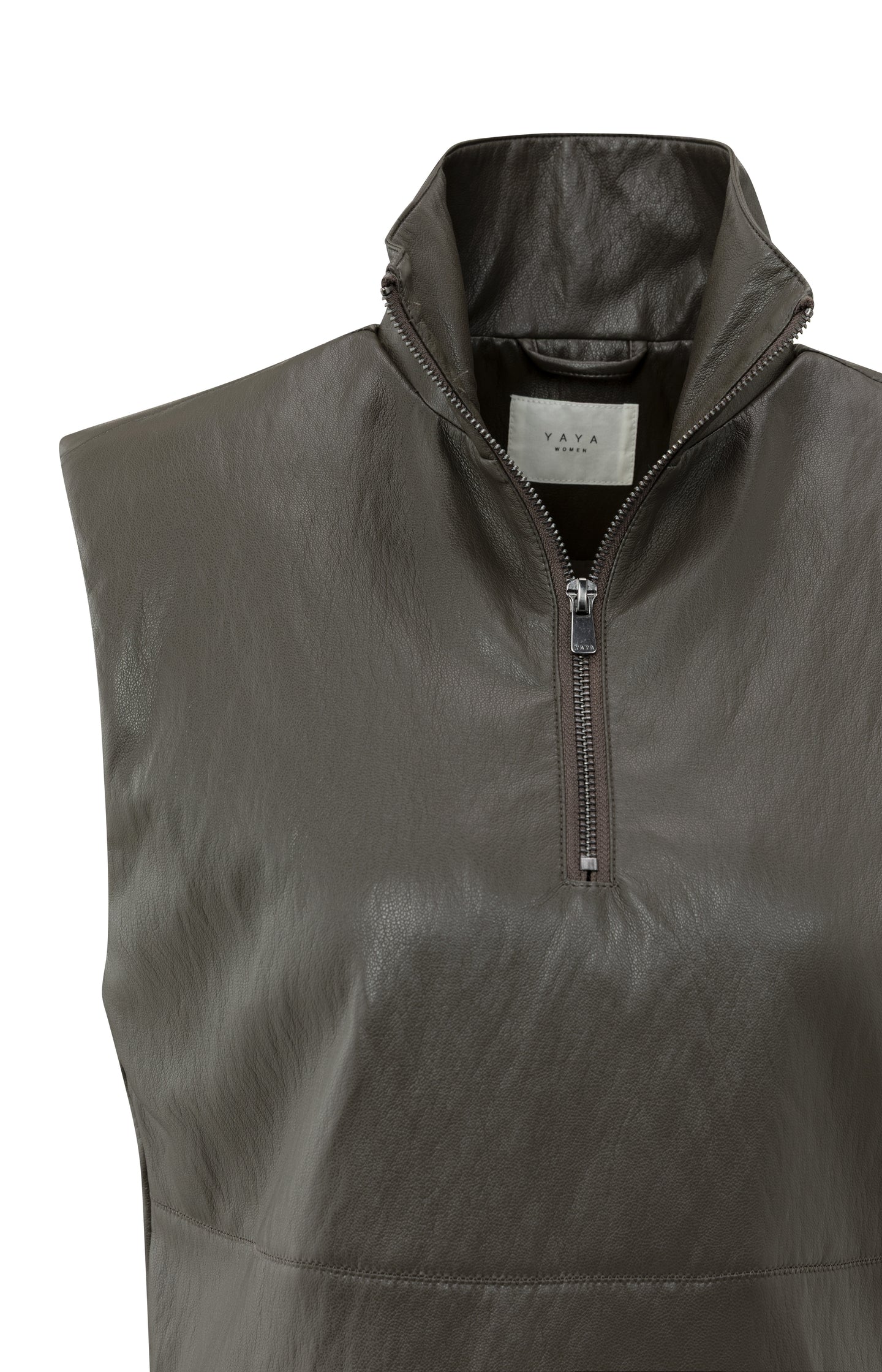 Sleeveless faux leather top with zip collar