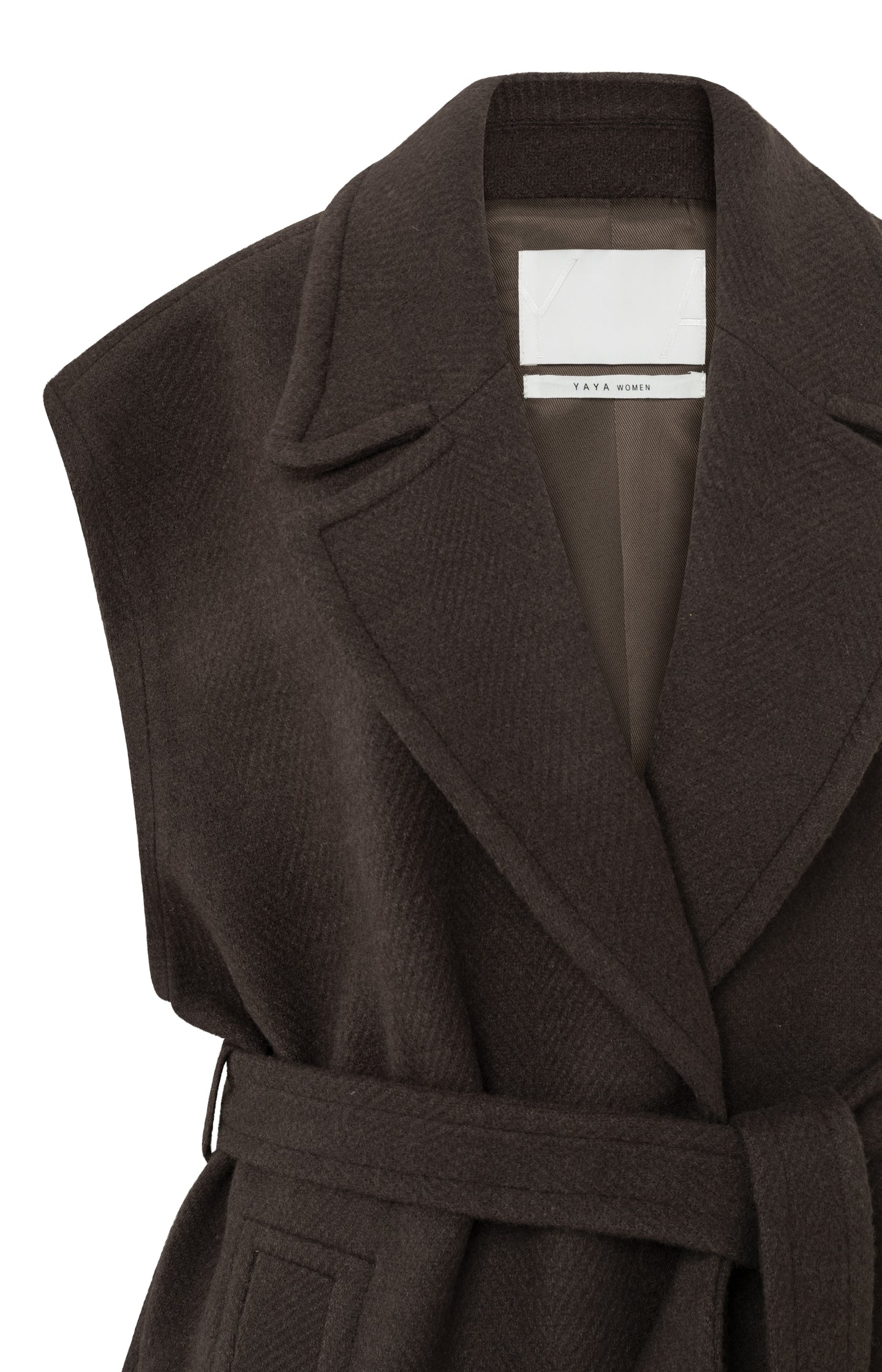 Sleeveless jacket with pockets, belt and herringbone pattern