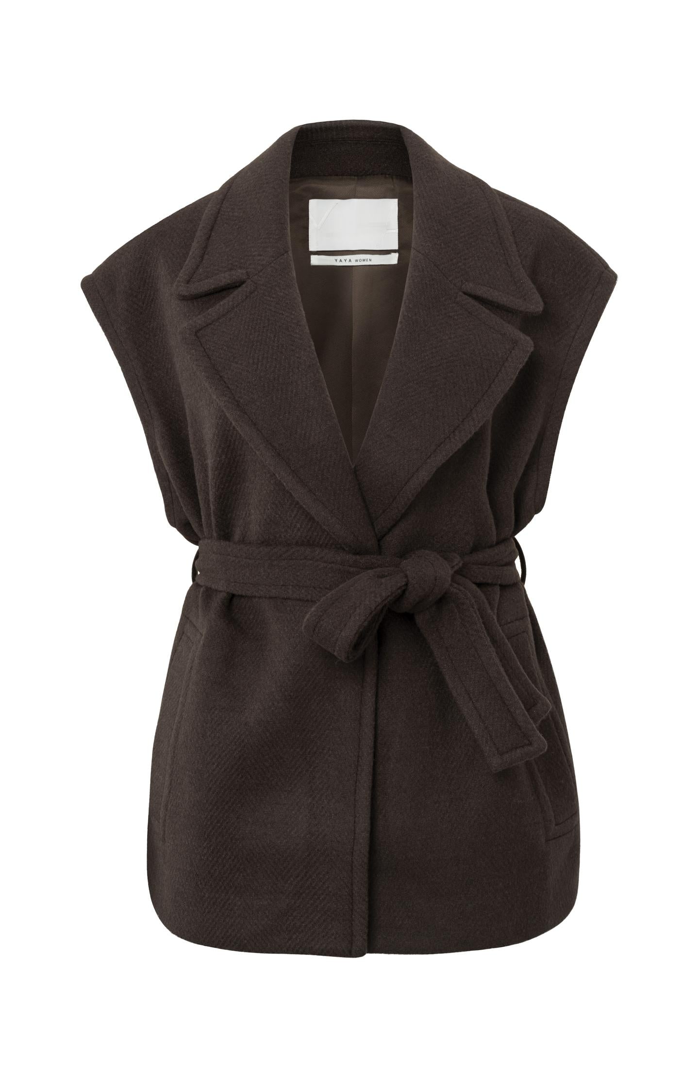 Sleeveless jacket with pockets, belt and herringbone pattern - Type: product