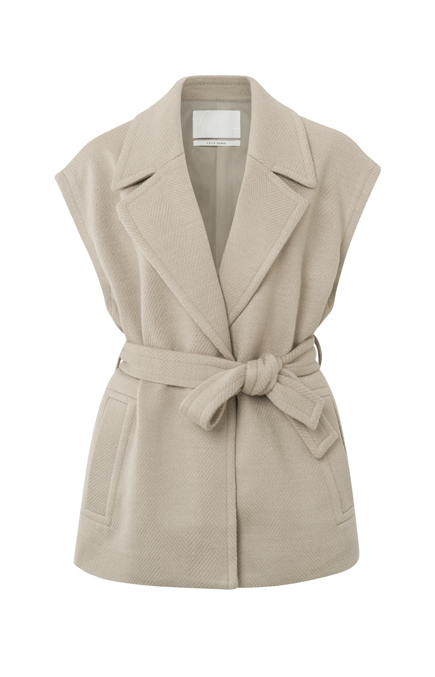 Sleeveless jacket with pockets, belt and herringbone pattern - Type: product