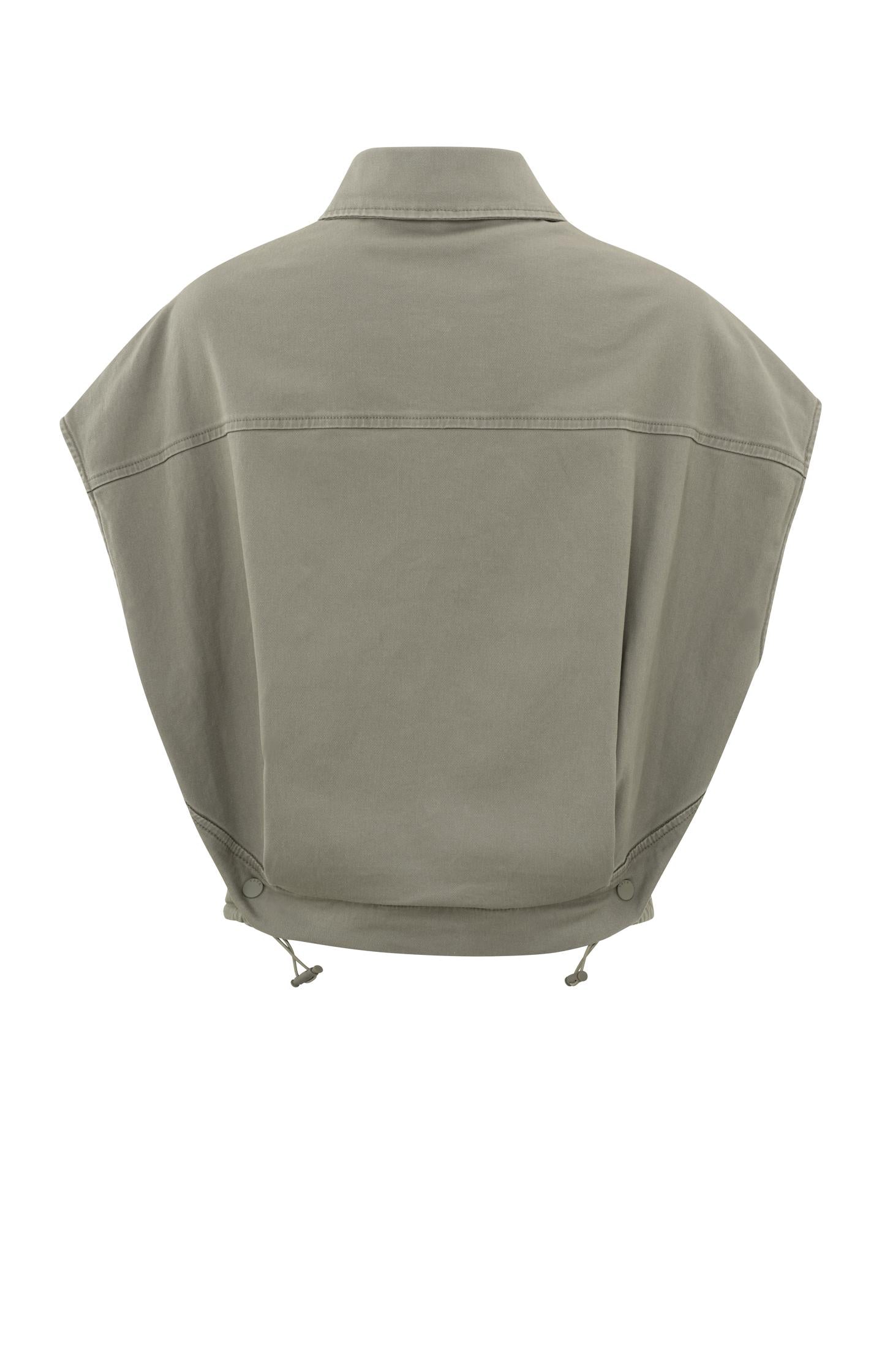 Sleeveless jacket with pockets, buttons and drawstring