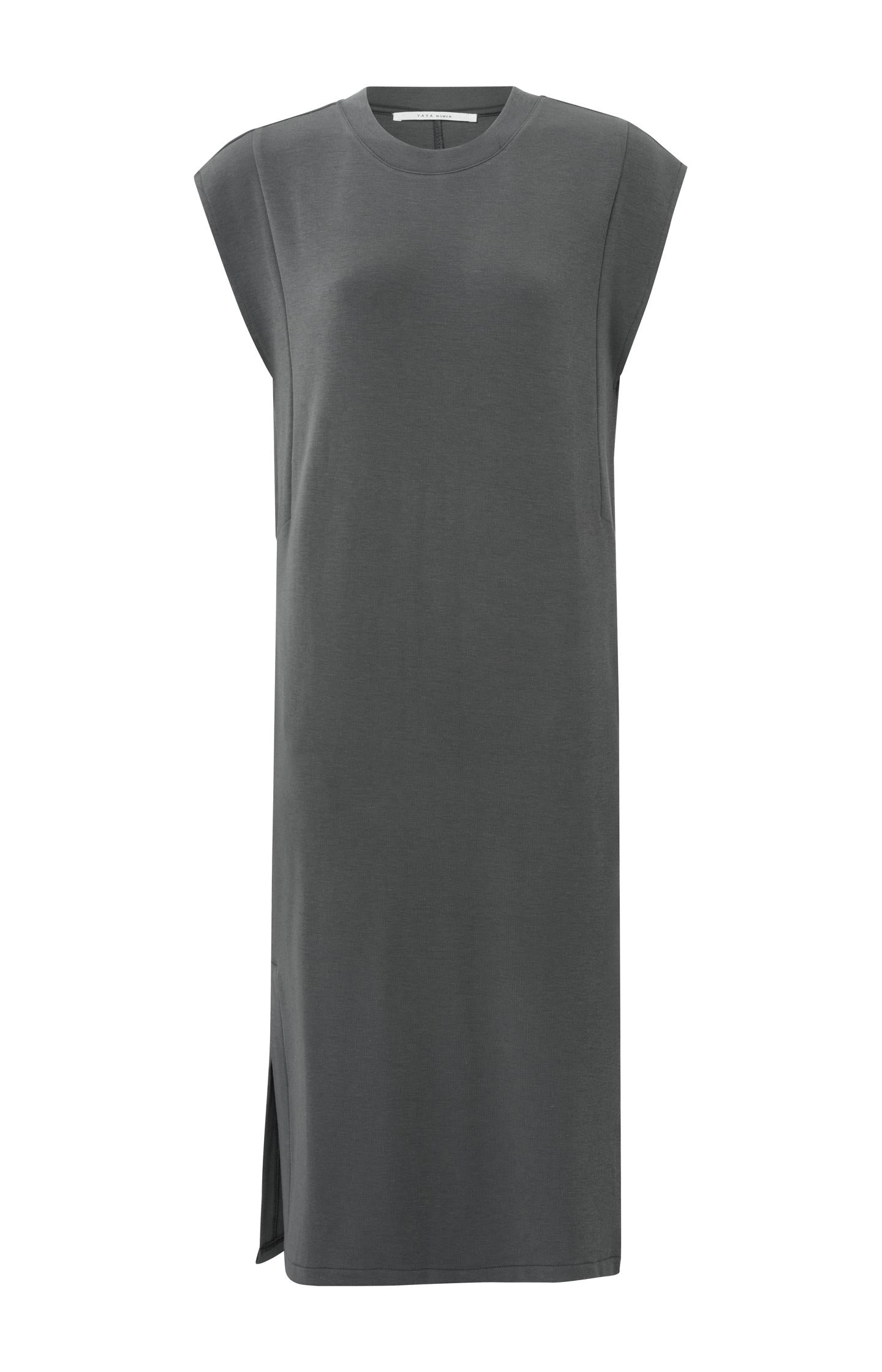 Sleeveless jersey dress with round neck, pockets and a slit - Type: product