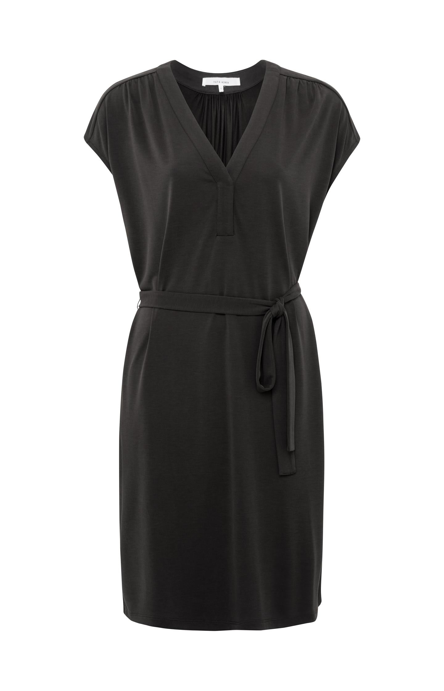 Sleeveless jersey dress with V-neck and pleated details - Licorice Black