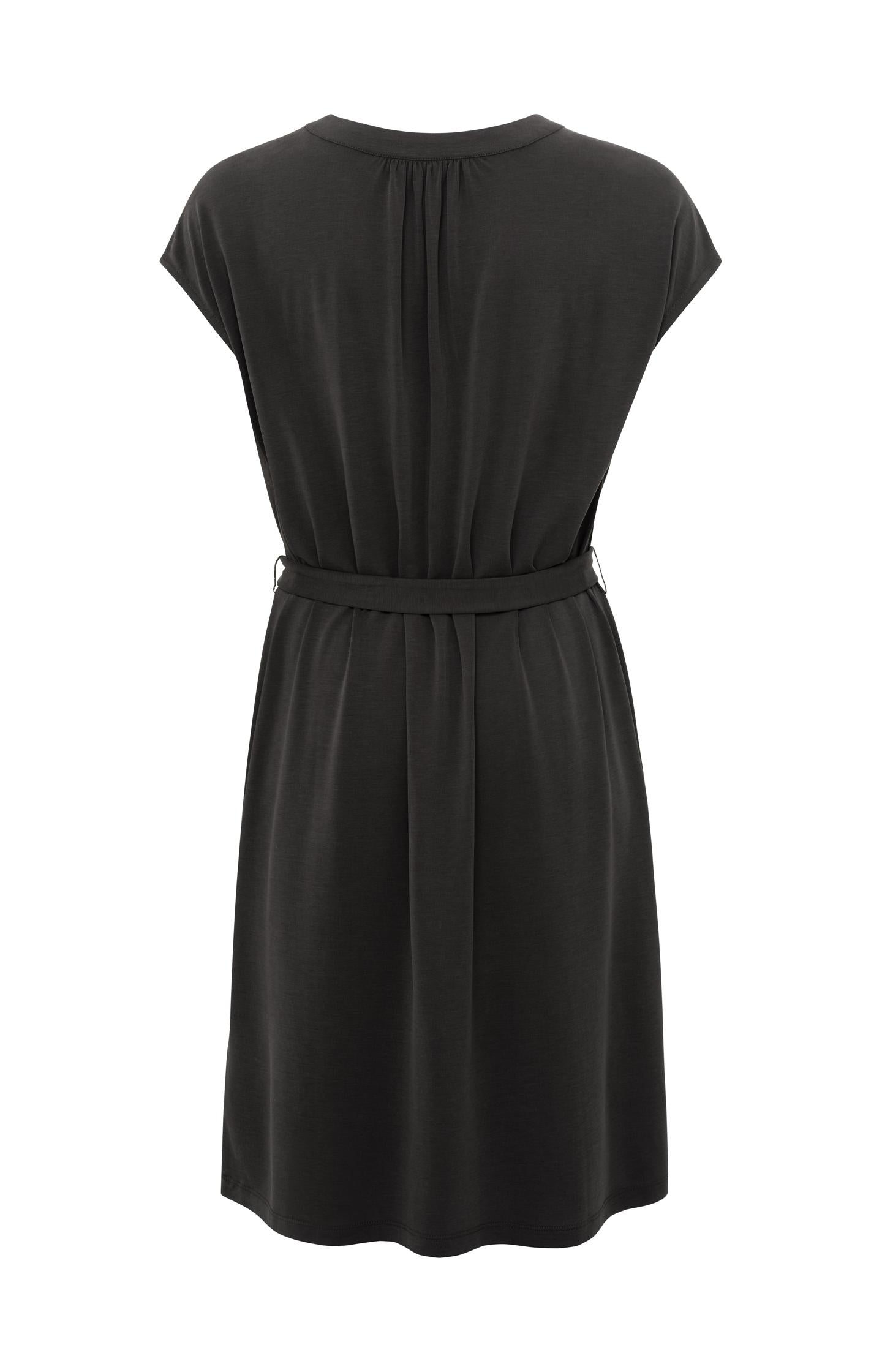 Sleeveless jersey dress with V-neck and pleated details - Licorice Black