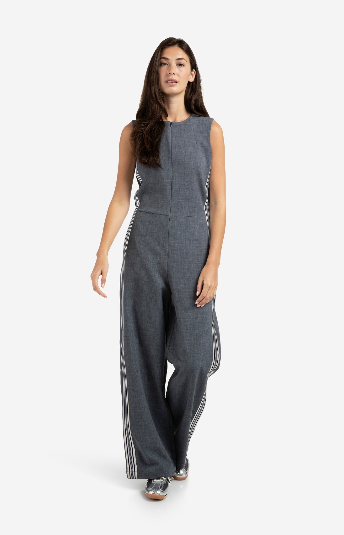Sleeveless jumpsuit with wide legs and sporty stripe - Type: lookbook