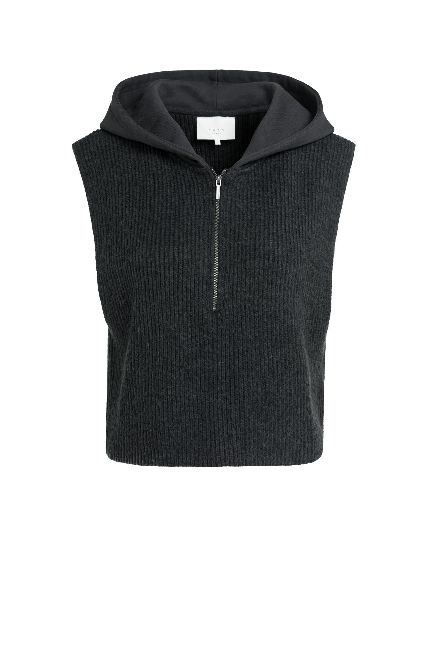 Sleeveless knitted top with jersey hood