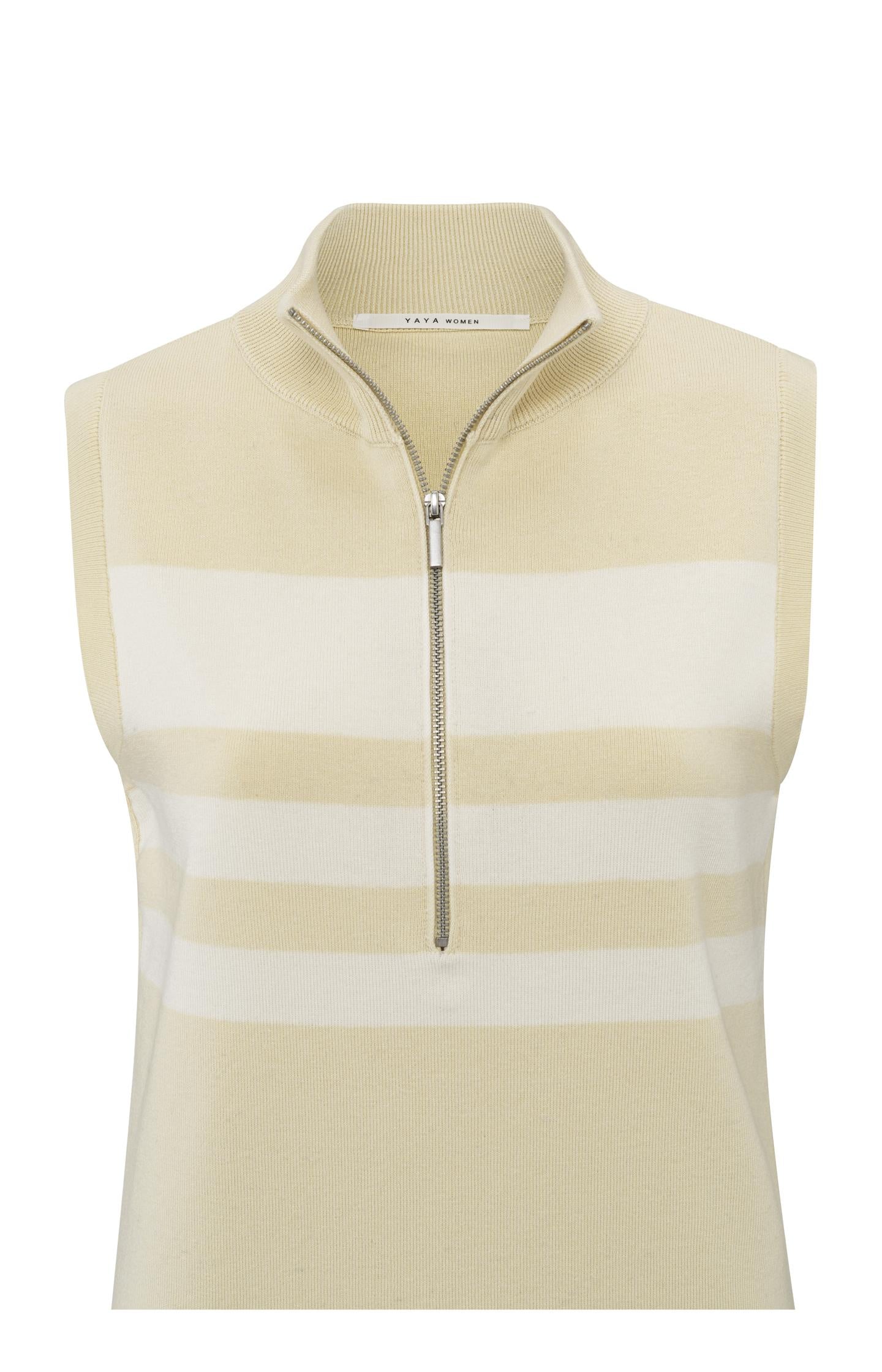 Sleeveless sweater with block stripes and half-zip