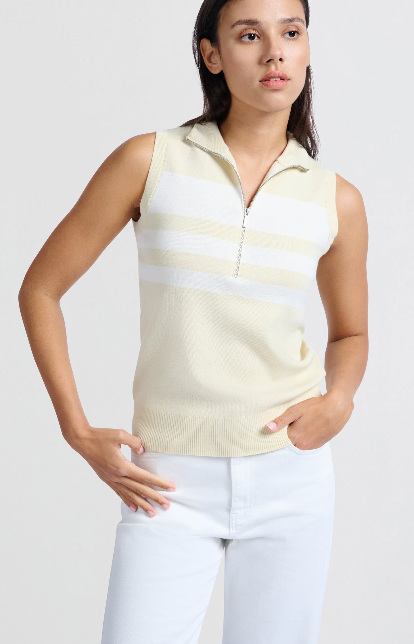 Sleeveless sweater with block stripes and half-zip