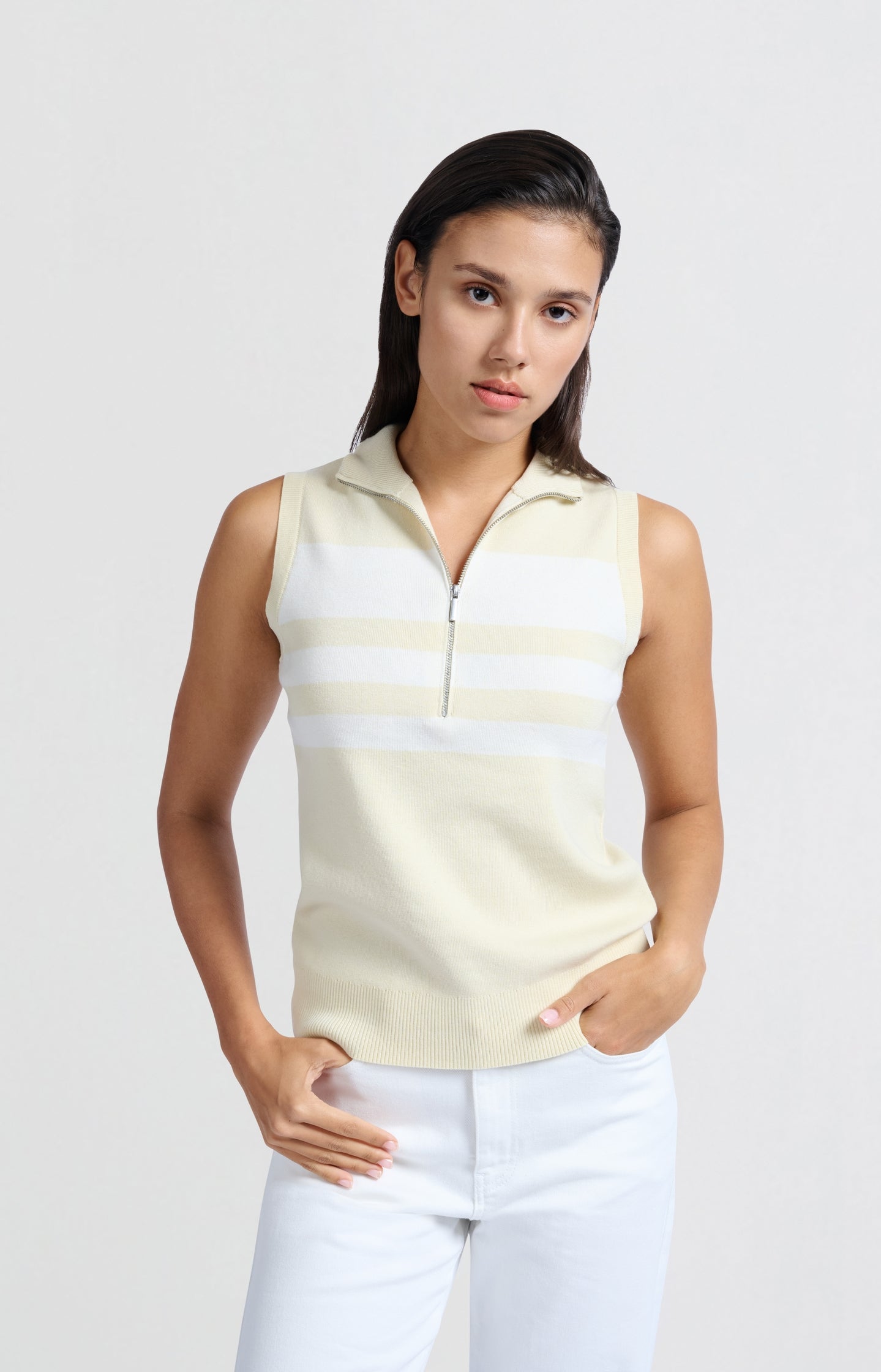 Sleeveless sweater with block stripes and half-zip