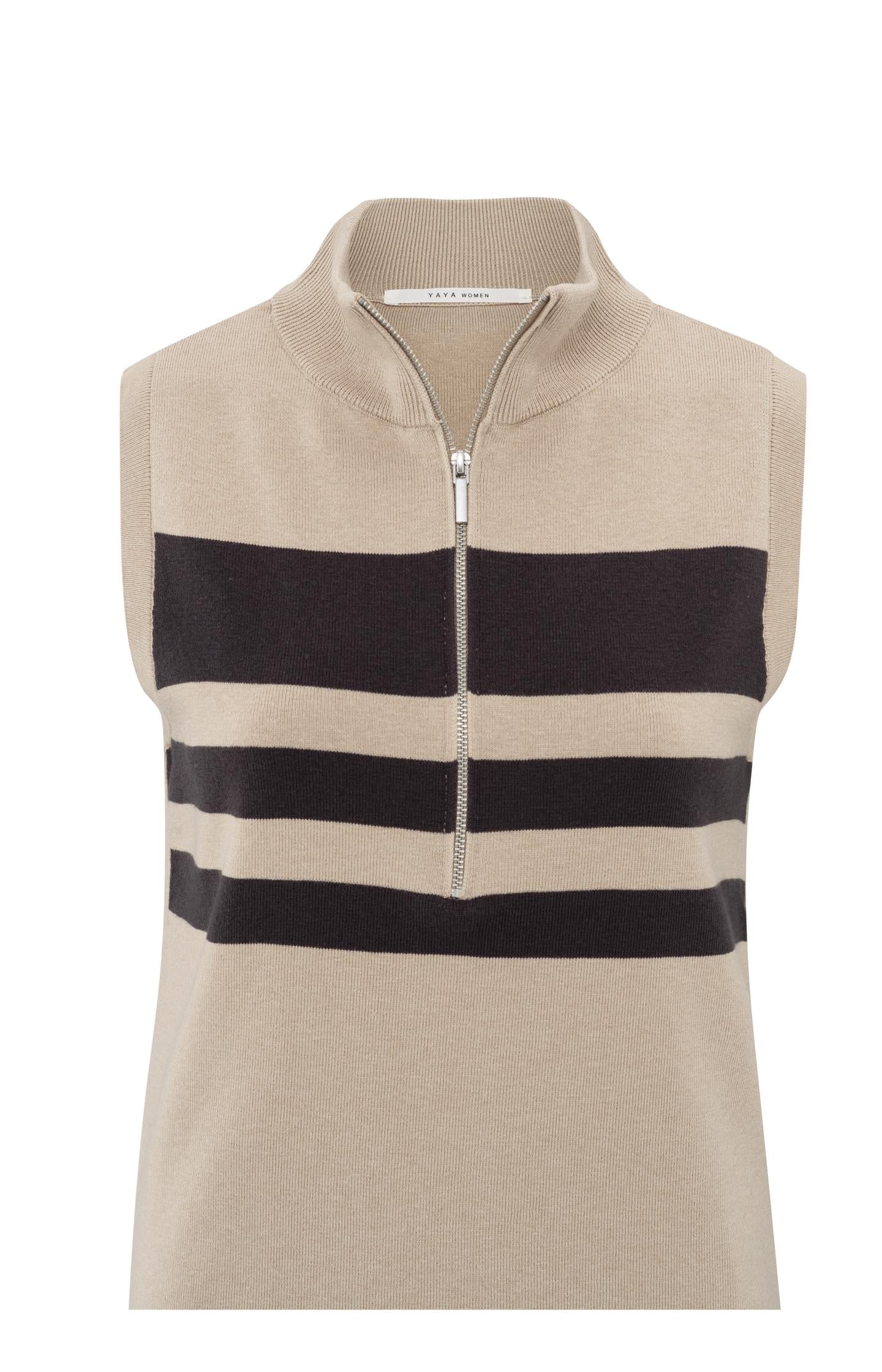 Sleeveless sweater with block stripes and half-zip