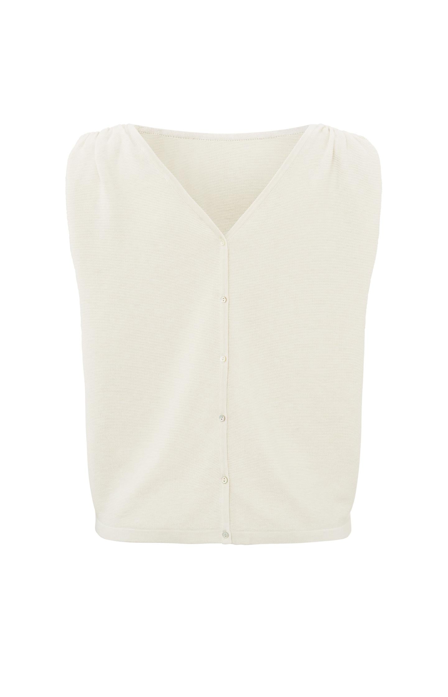 Sleeveless sweater with boatneck, shoulder detail and button