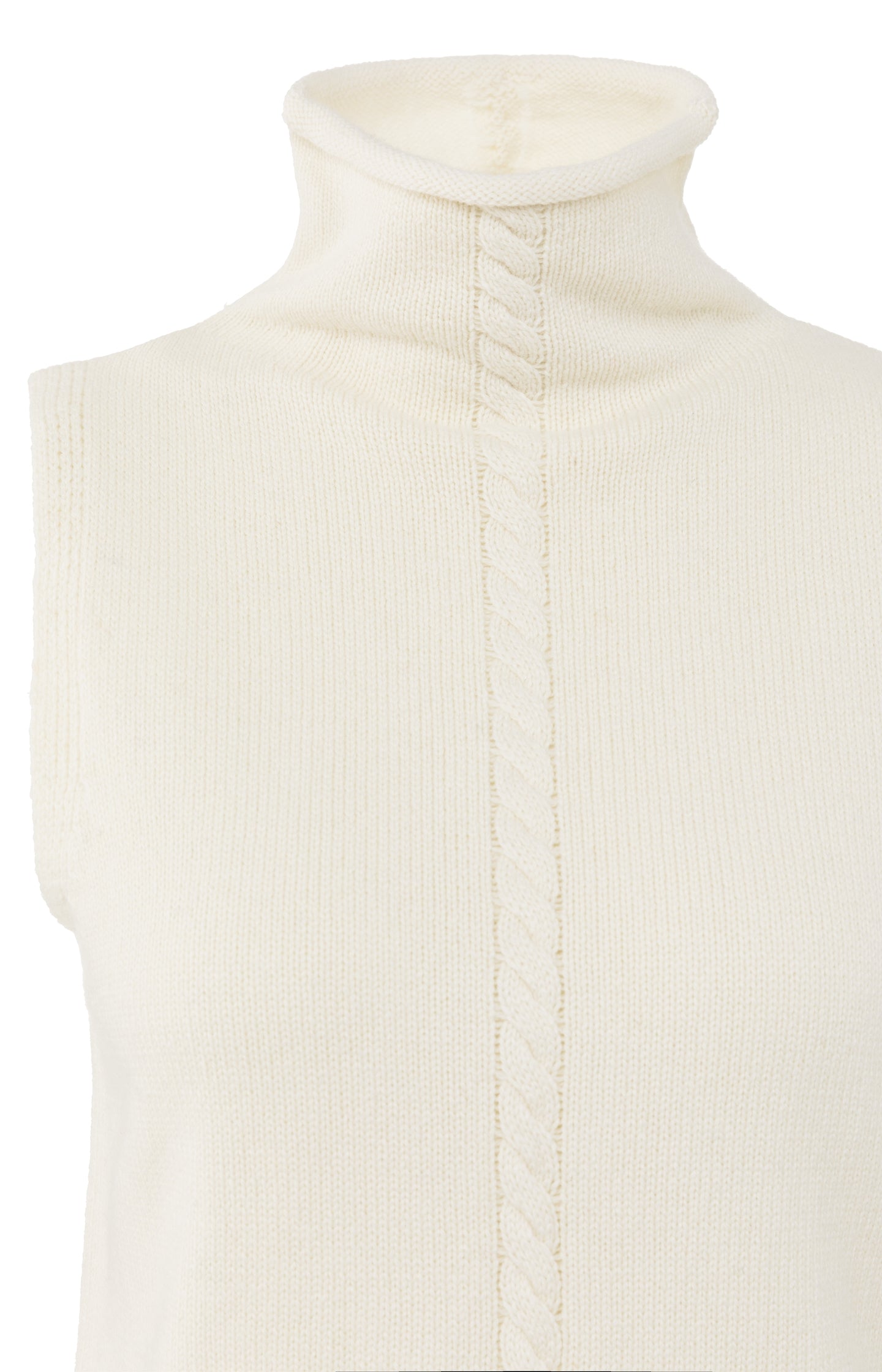 Sleeveless sweater with high neck and cable detail