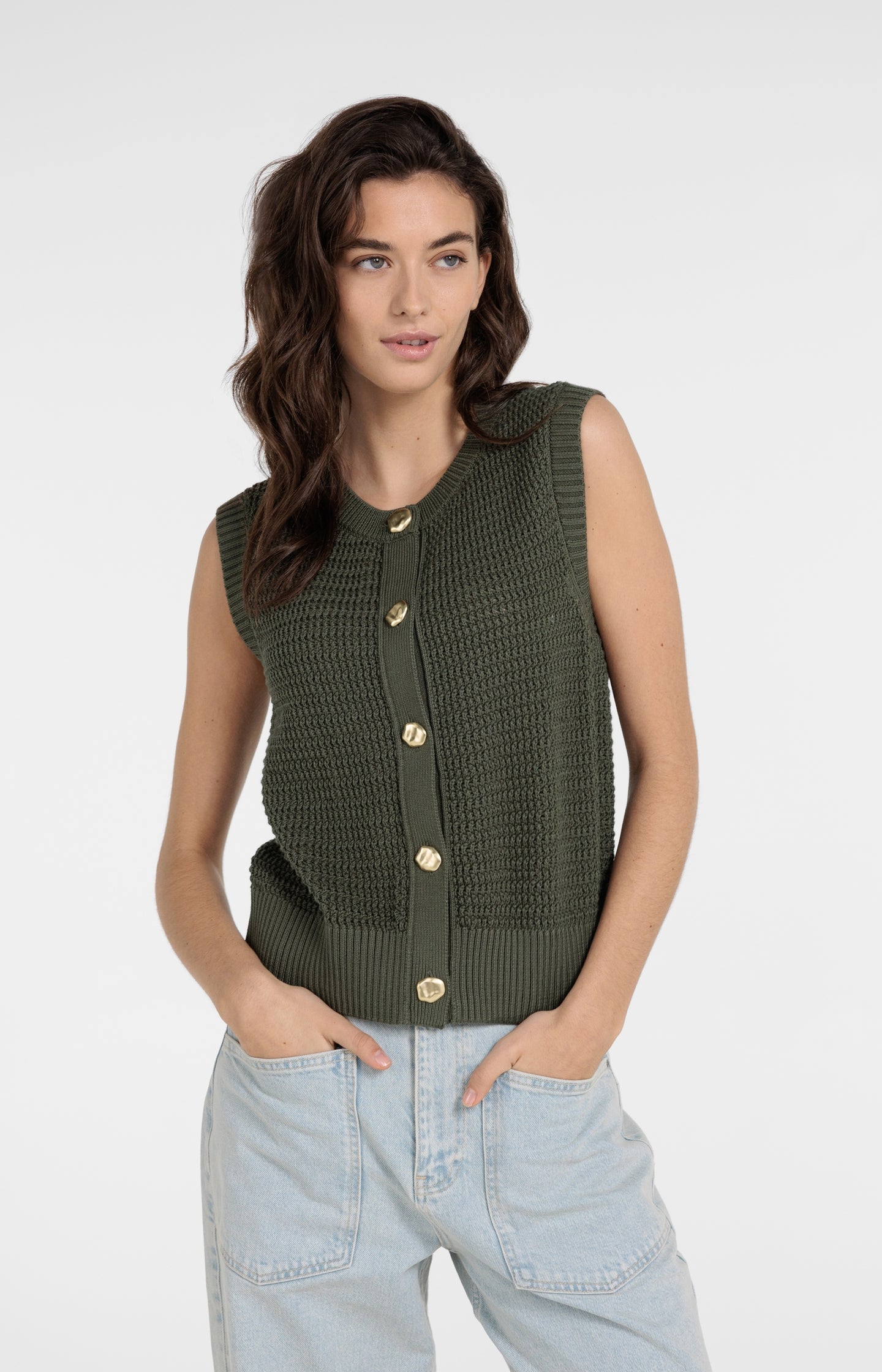 Sleeveless textured cardigan with gold-tone buttons
