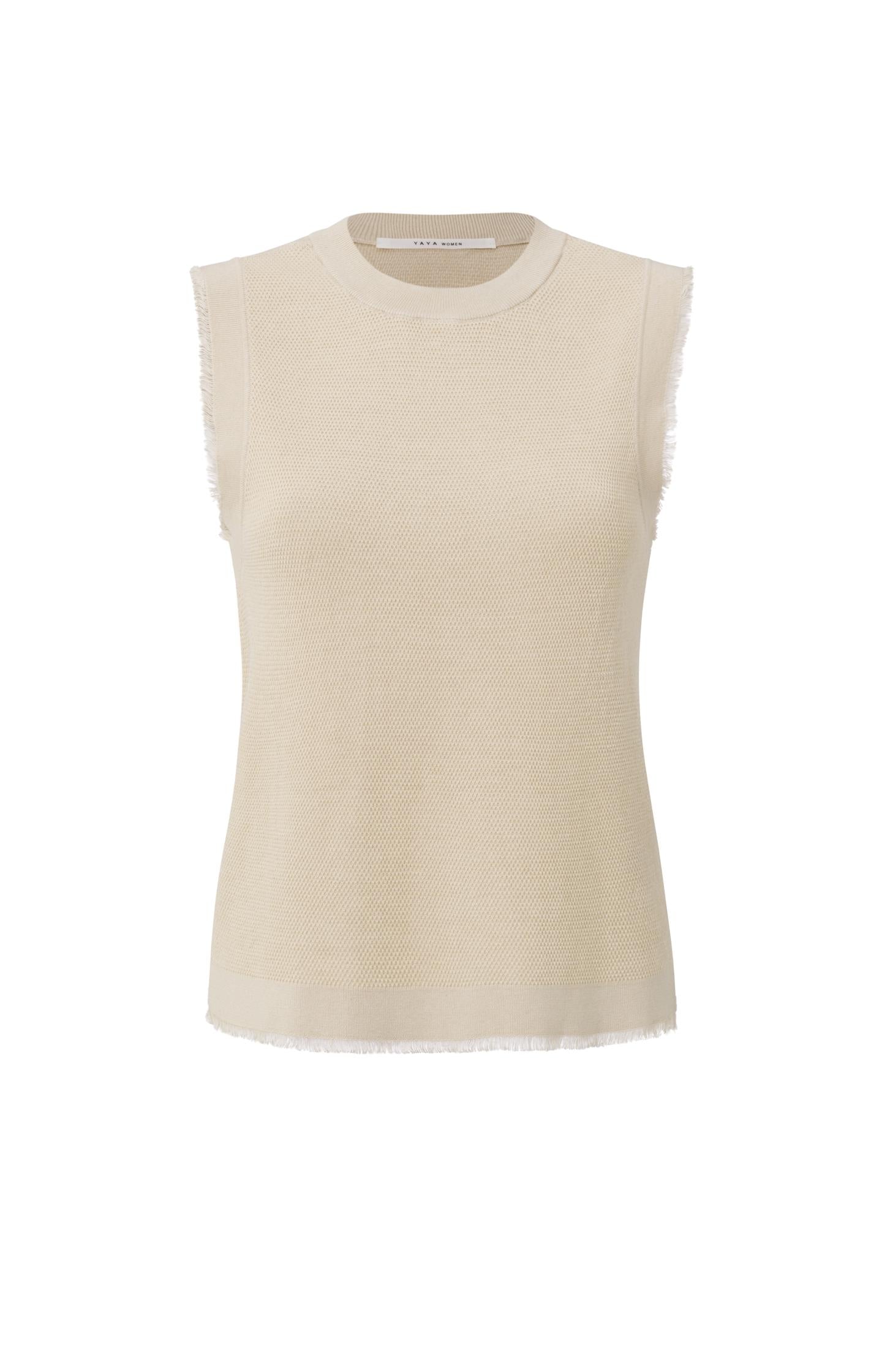 Sleeveless, textured sweater with round neck and frayed edge - Type: product