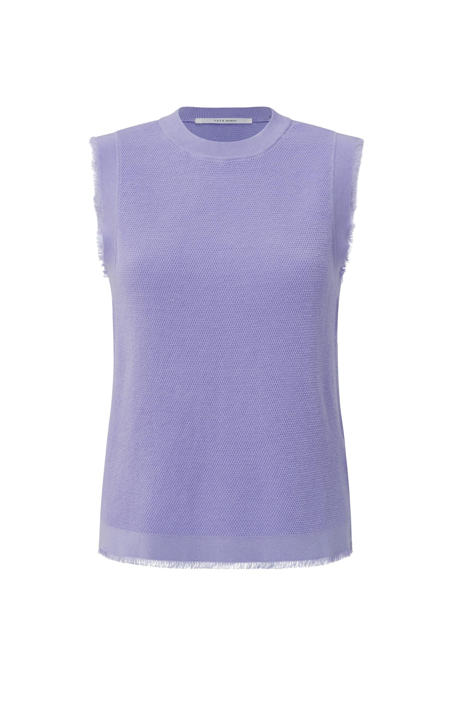 Sleeveless, textured sweater with round neck and frayed edge - Type: product