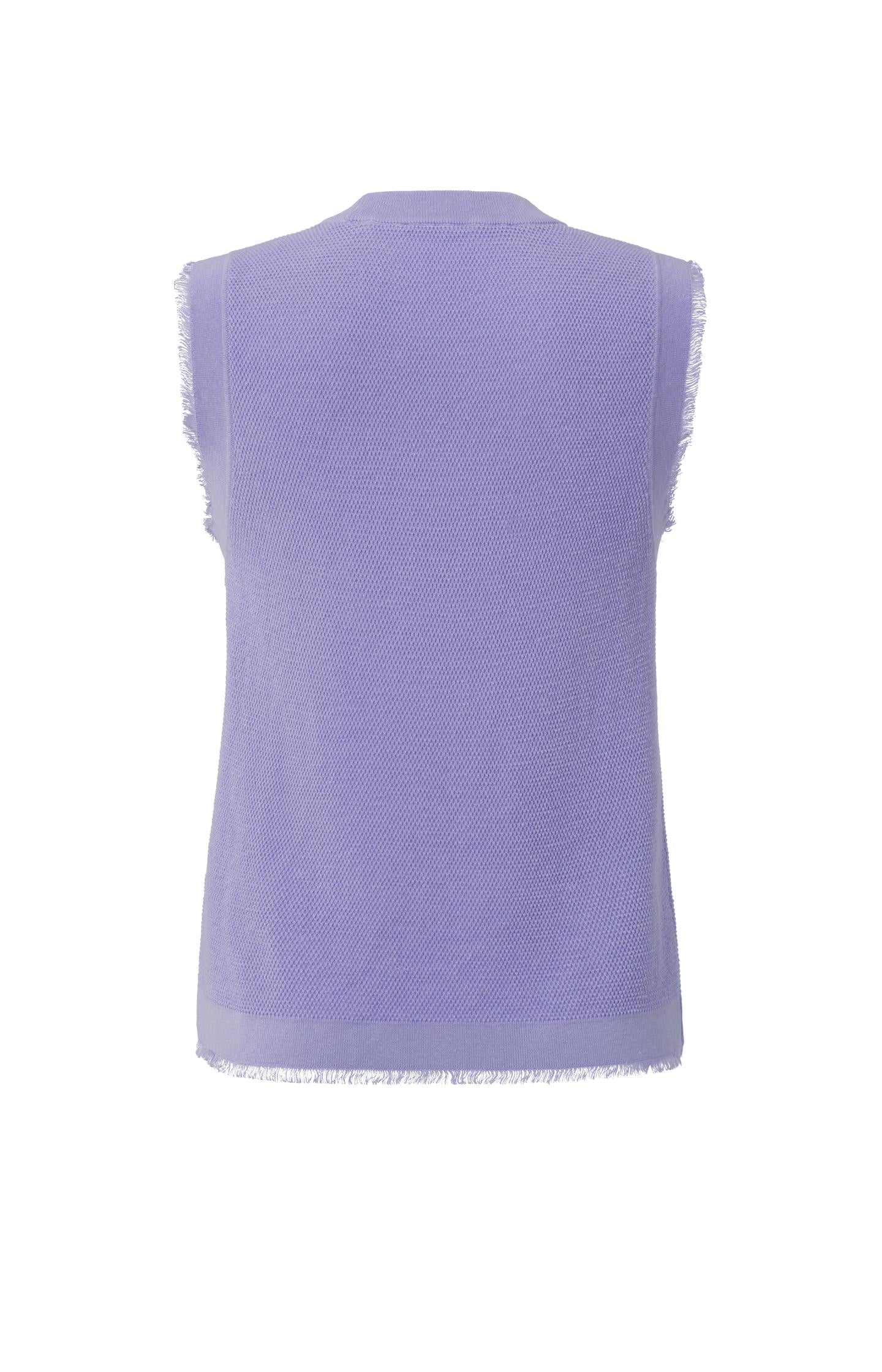 Sleeveless, textured sweater with round neck and frayed edge