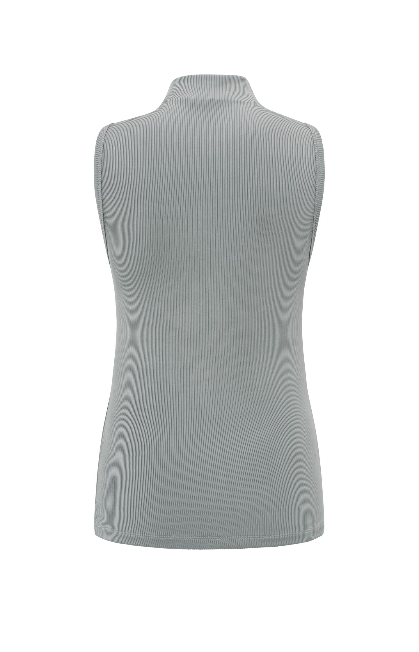 Sleeveless top with high collar and rib structure