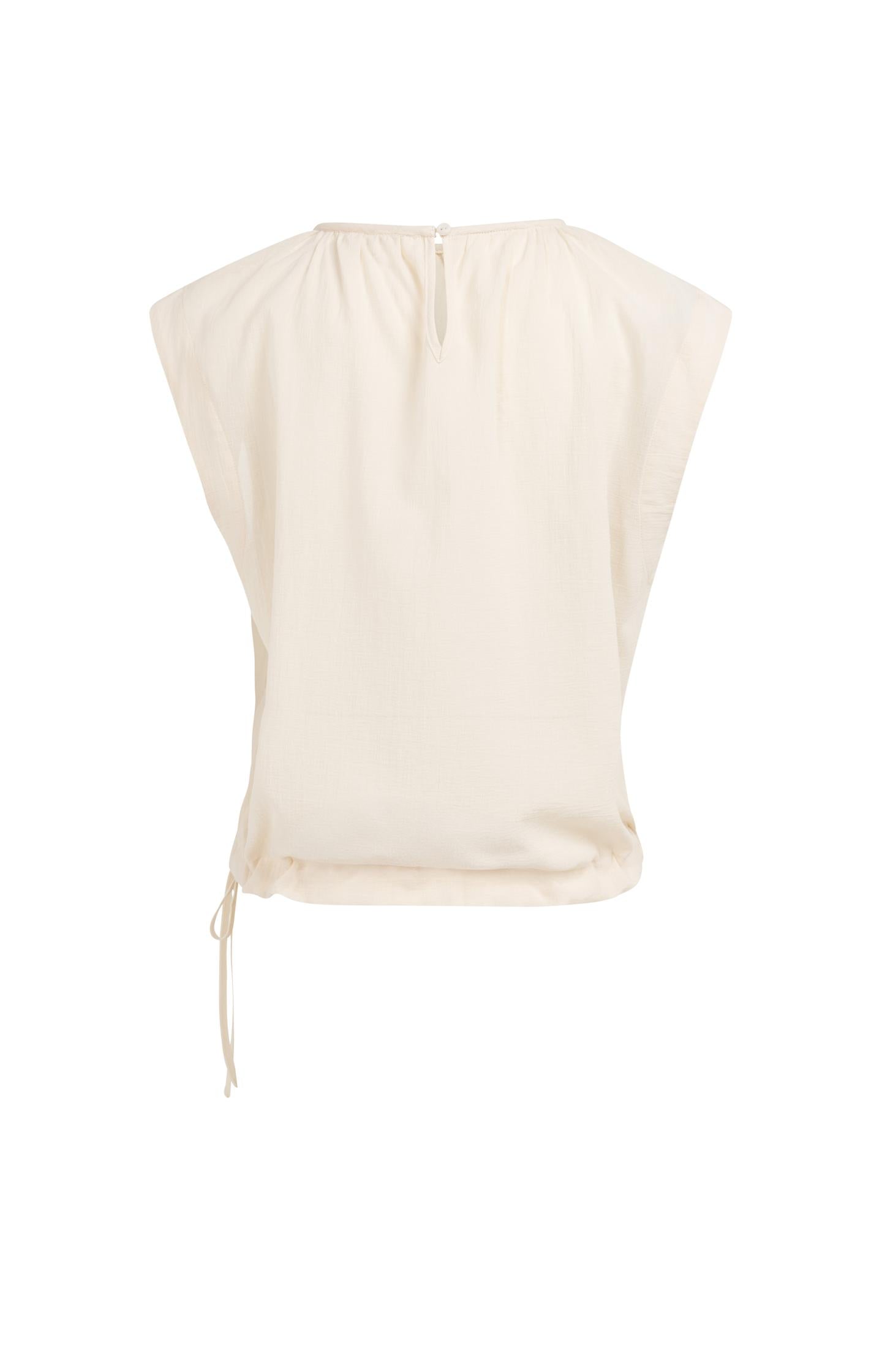 Sleeveless top with pleated neckline and drawstring