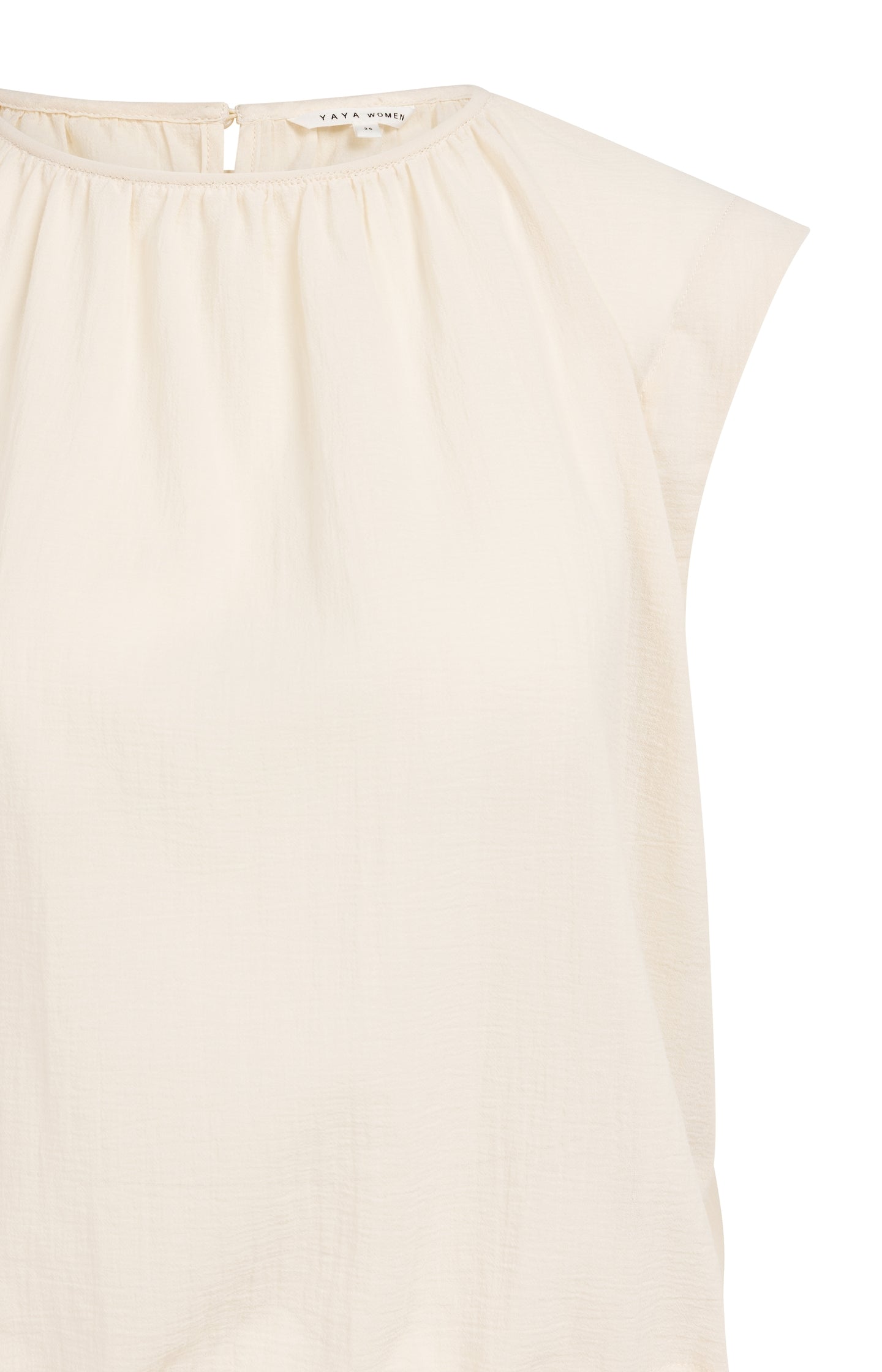 Sleeveless top with pleated neckline and drawstring