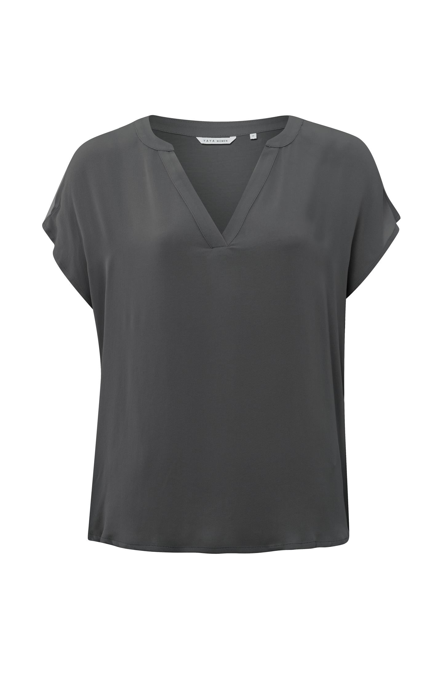 Flowy top with short sleeves, V-neck in mixed materials - Type: product