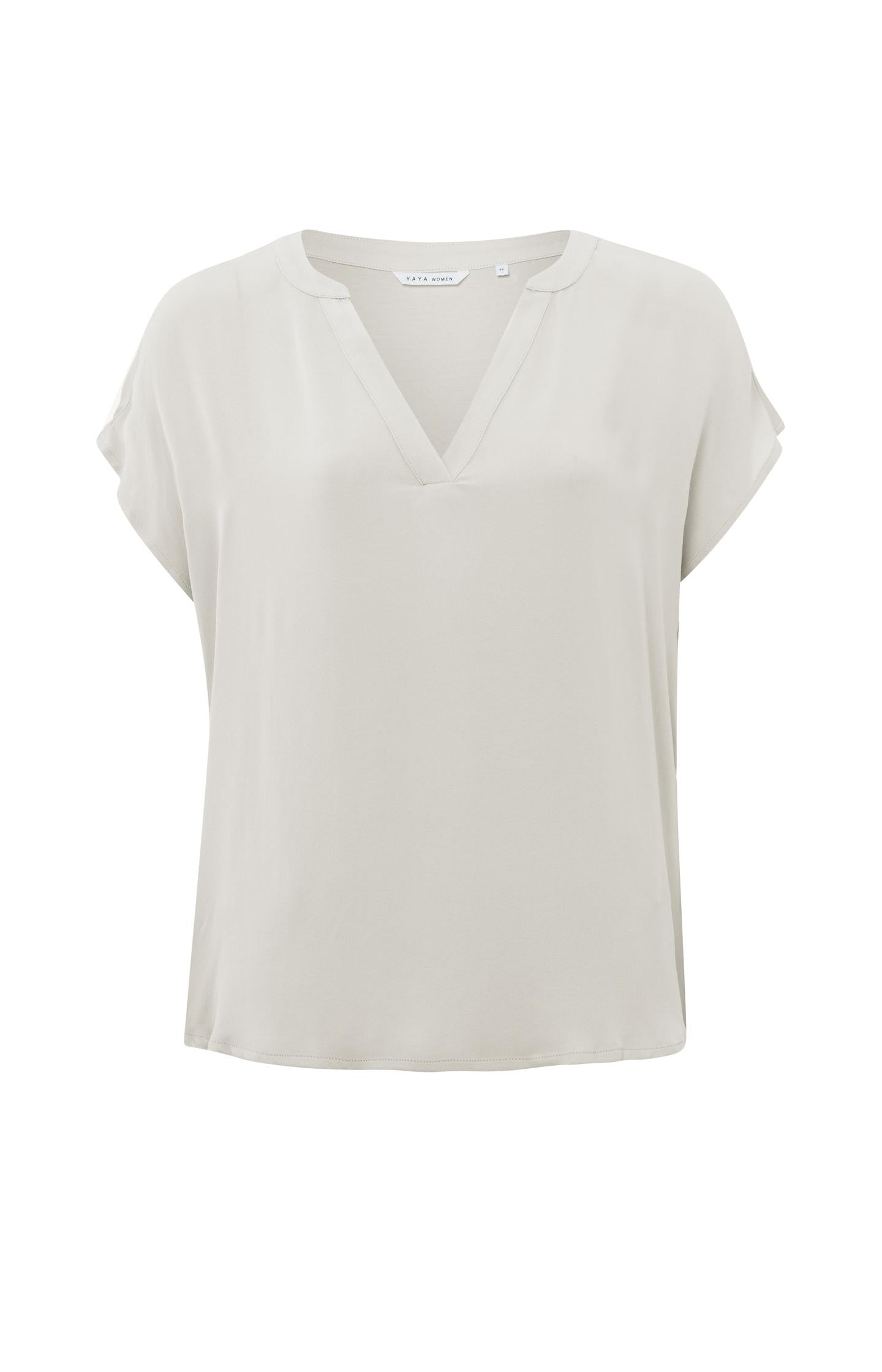 Flowy top with short sleeves, V-neck in mixed materials - Type: product